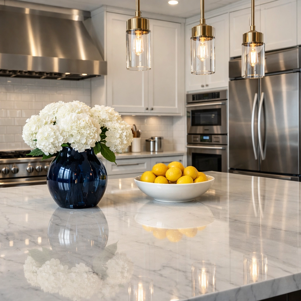 Modern kitchen with a spotless marble island, reflecting professional bi-weekly cleaning.