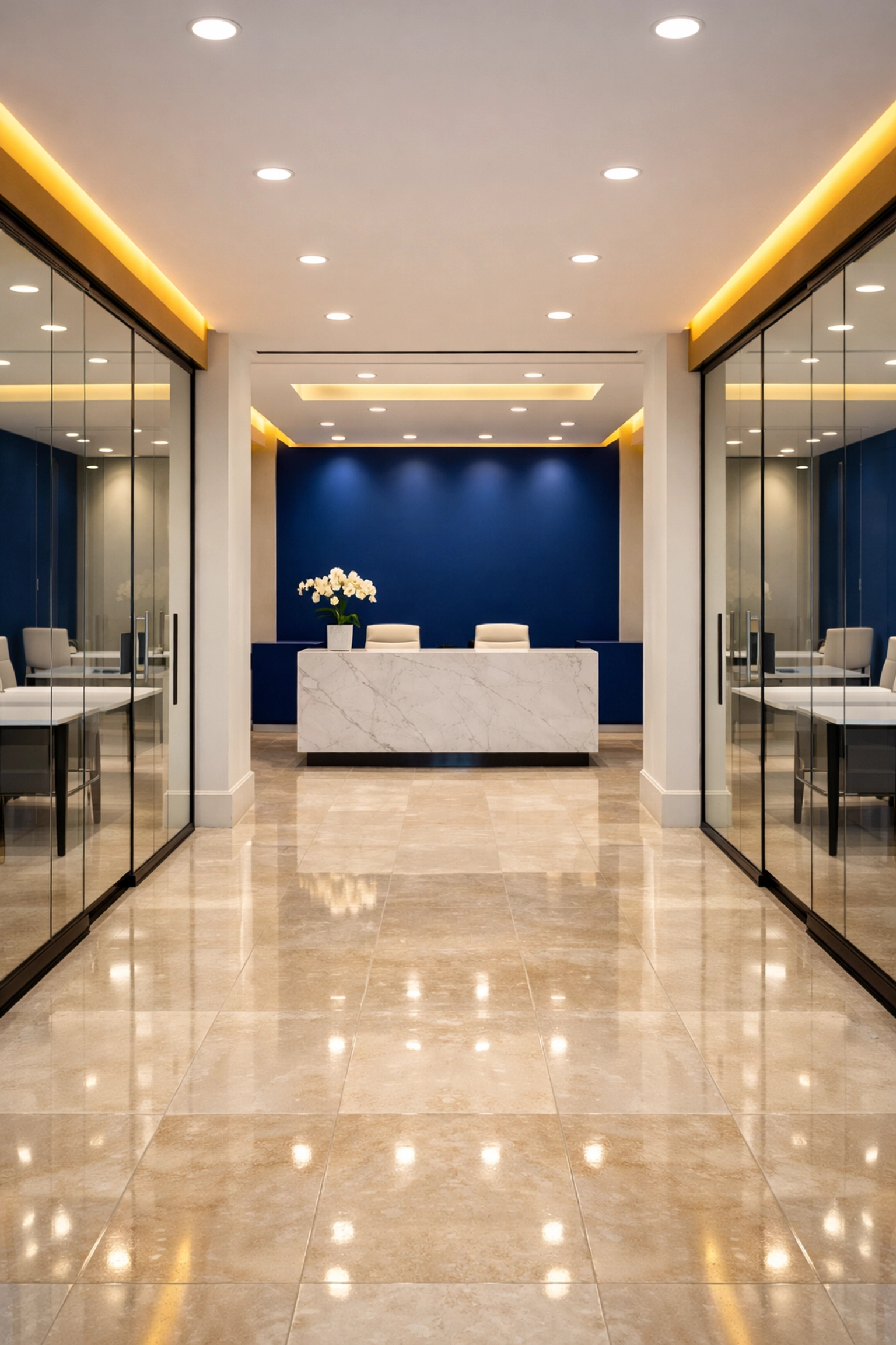 Spotless luxury office lobby in Brookline Village after professional luxury house cleaning in Brookline MA.