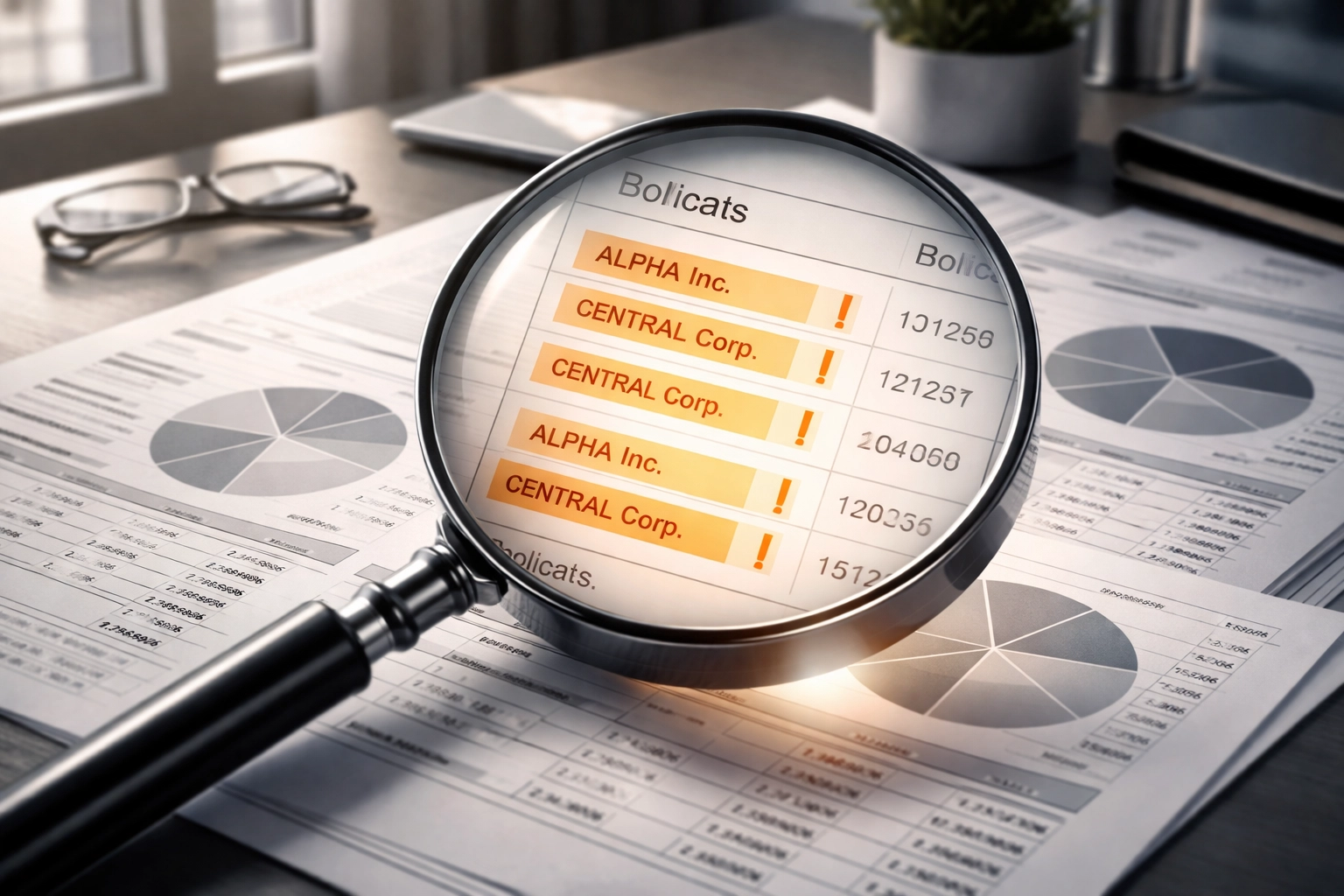 Magnifying glass highlighting overlapping holdings in investment documents, emphasizing the need for thorough portfolio analysis
