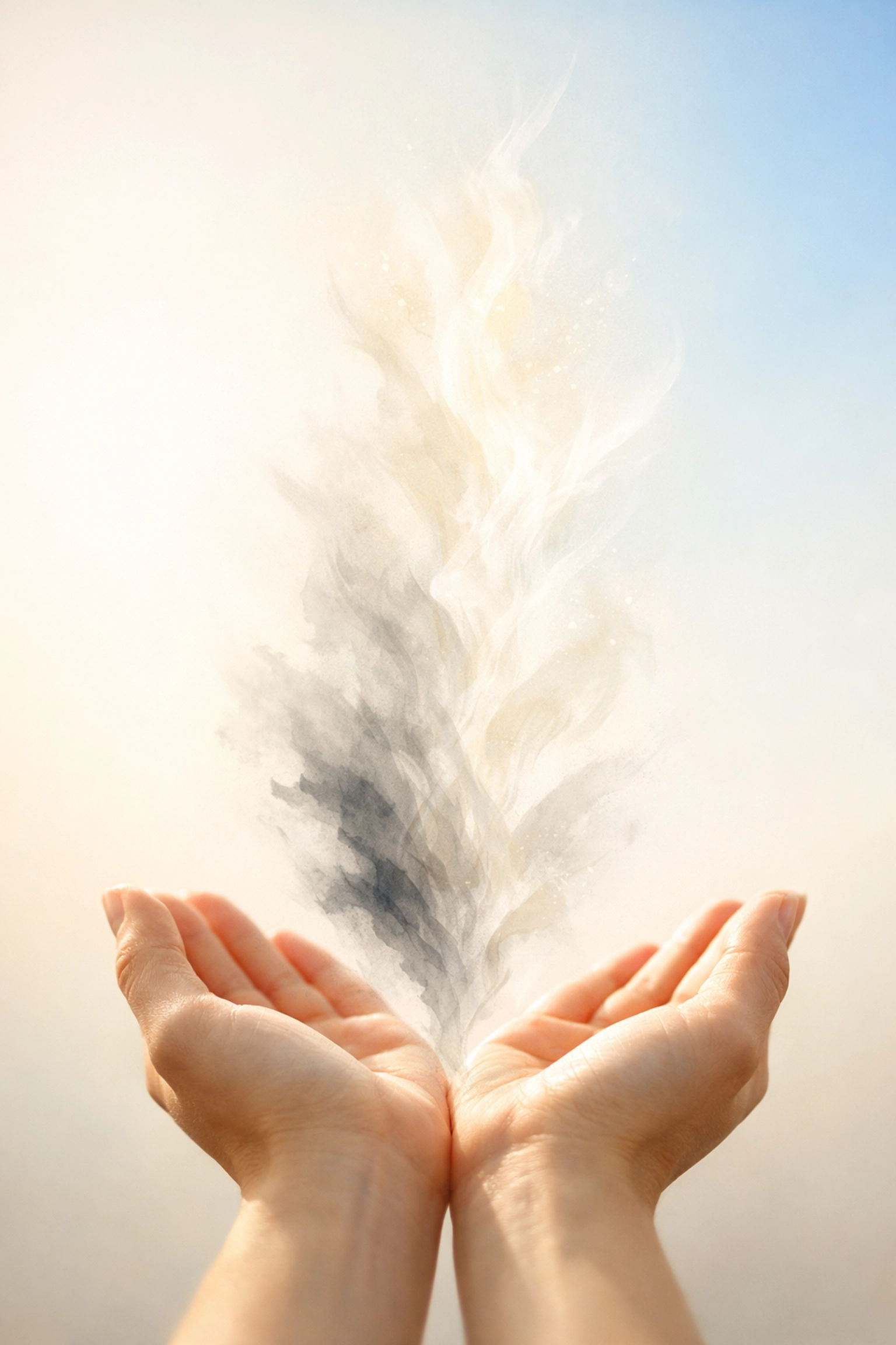 Open hands releasing burdens upward symbolizing biblical forgiveness and freedom from guilt