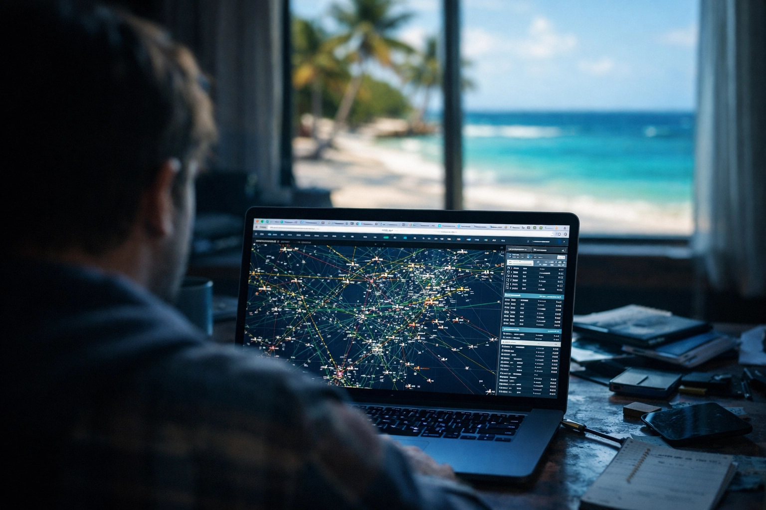 A person stressed by vacation planning logistics on a laptop with a tropical beach out the window.