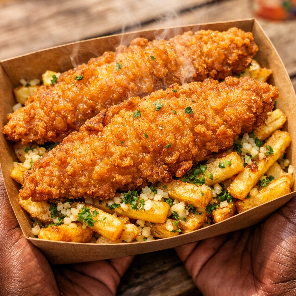 Signature fried Basa and garlic butter fries from Chef Green, an Oakland street food favorite.