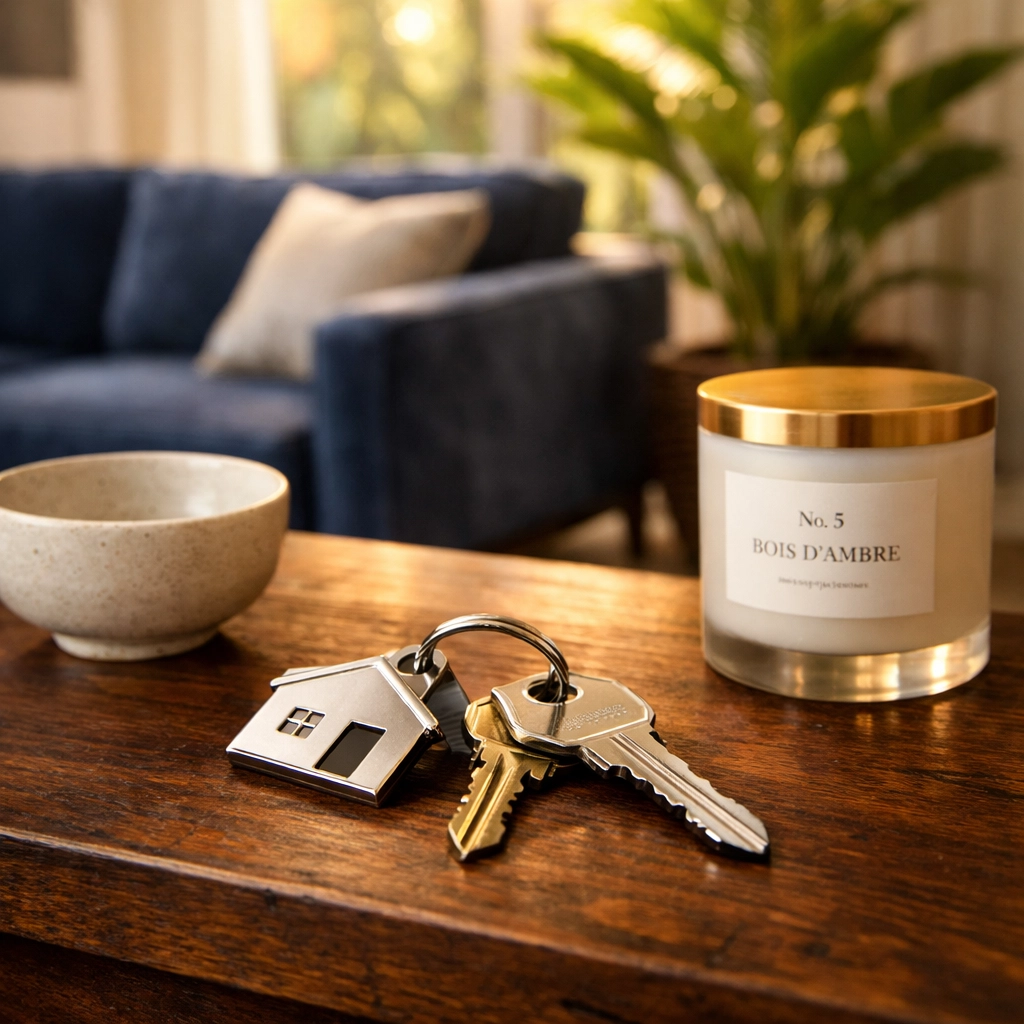 Keys to a luxury rental property on a designer table, symbolizing full-service vacation rental management.