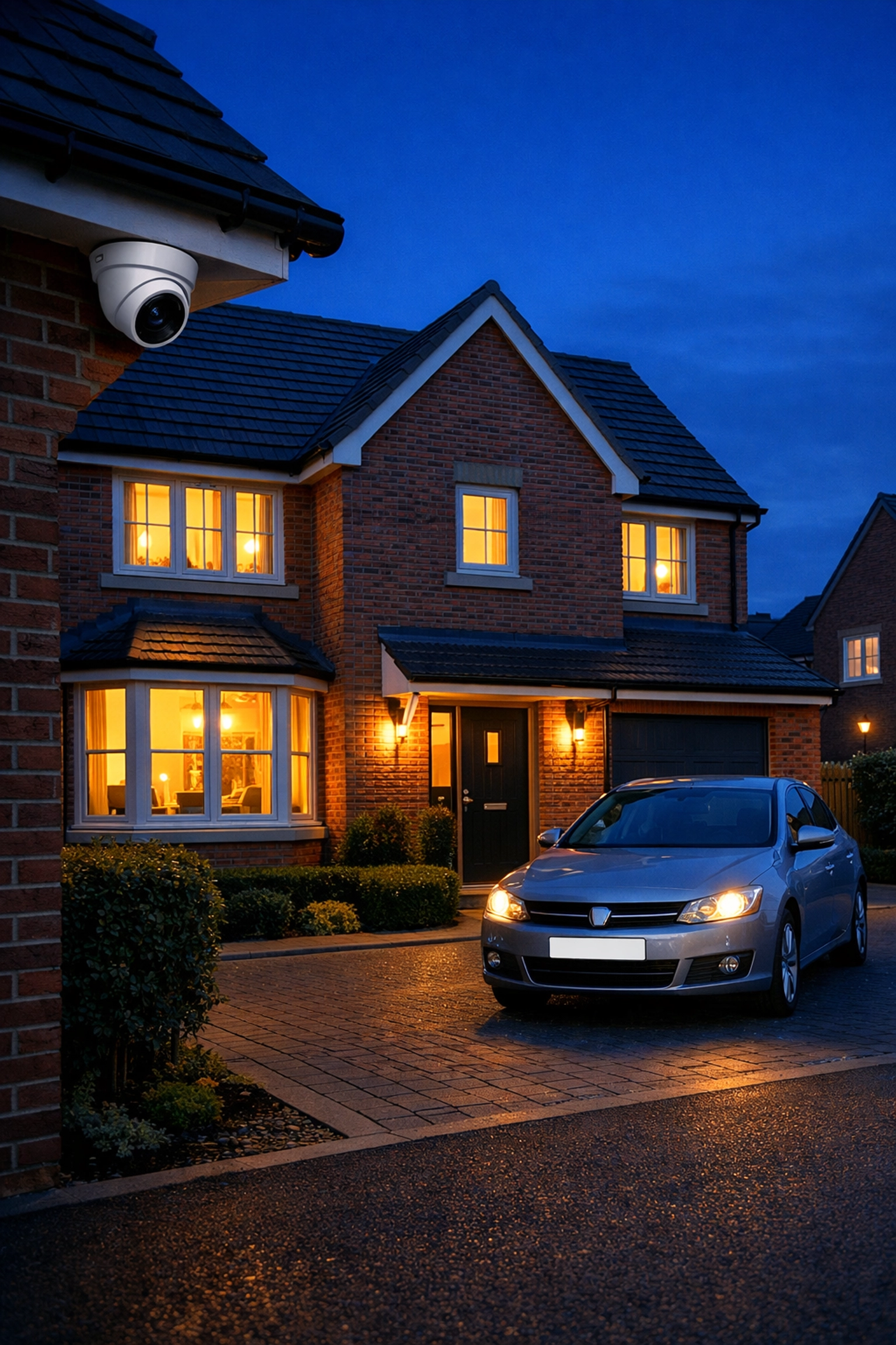 Professional turret CCTV camera installed on a red-brick Swindon home for high-end residential security.