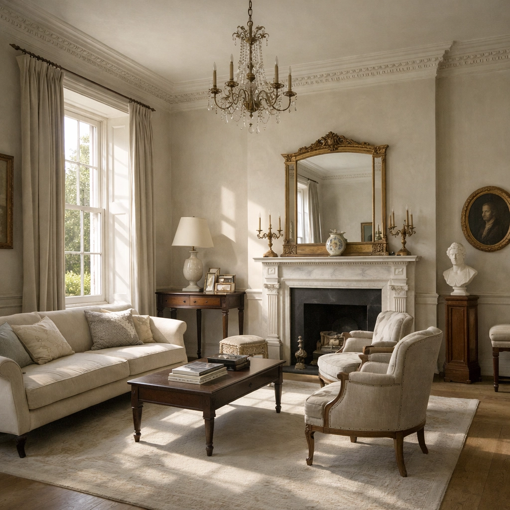 Regency drawing room interior in Cheltenham with original plaster and period details