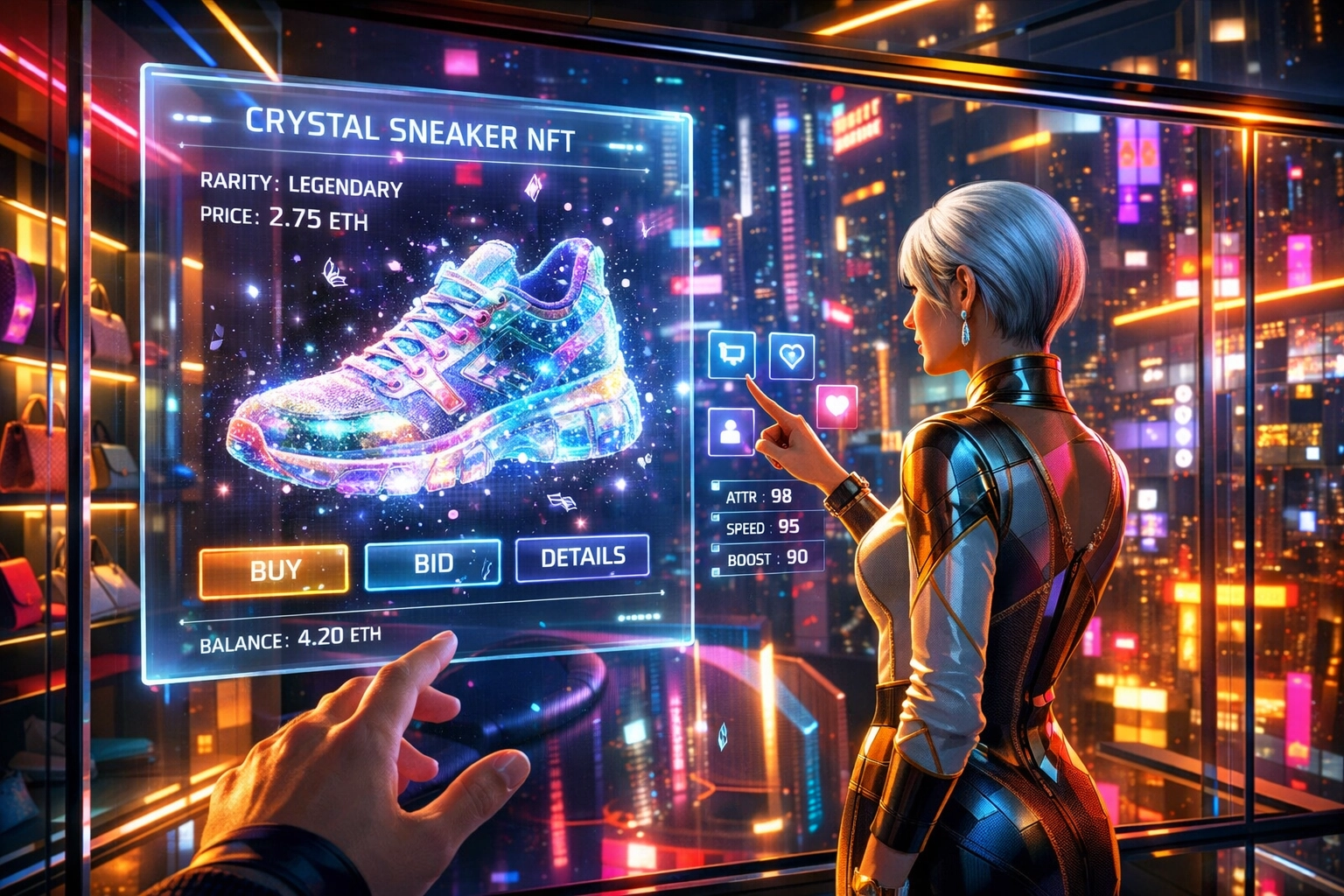 Futuristic metaverse storefront featuring AI-driven virtual commerce and digital NFT asset selection.