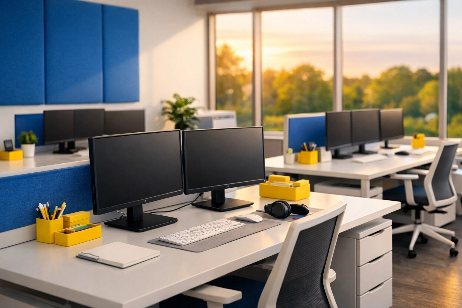 A clean, dust-free open office workspace in Massachusetts designed for maximum employee productivity.