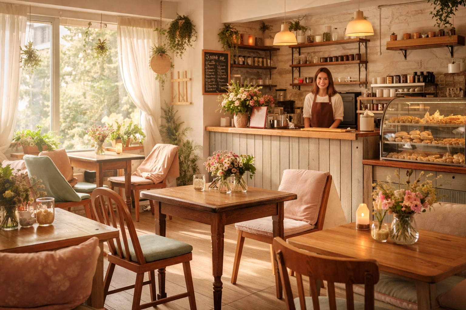 Cozy independent cafe interior in Felixstowe with welcoming barista and pastel decor, perfect for a relaxing coffee break.