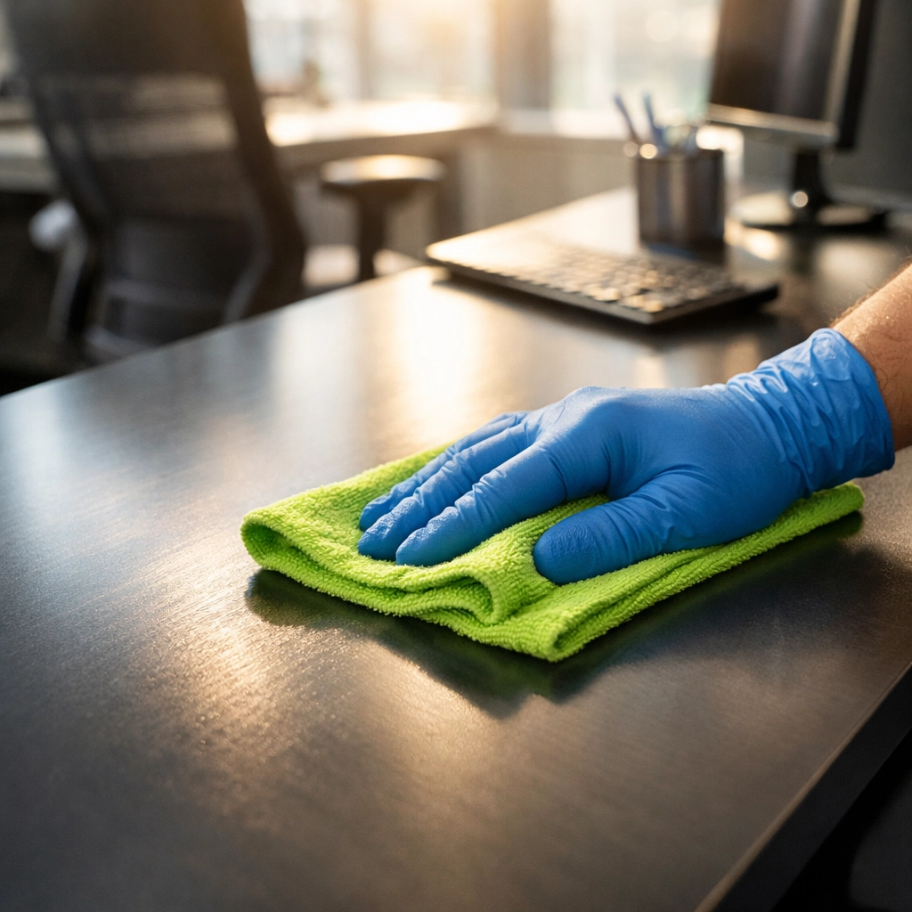 Professional commercial cleaning services Westchester County NY sanitizing a modern office desk.