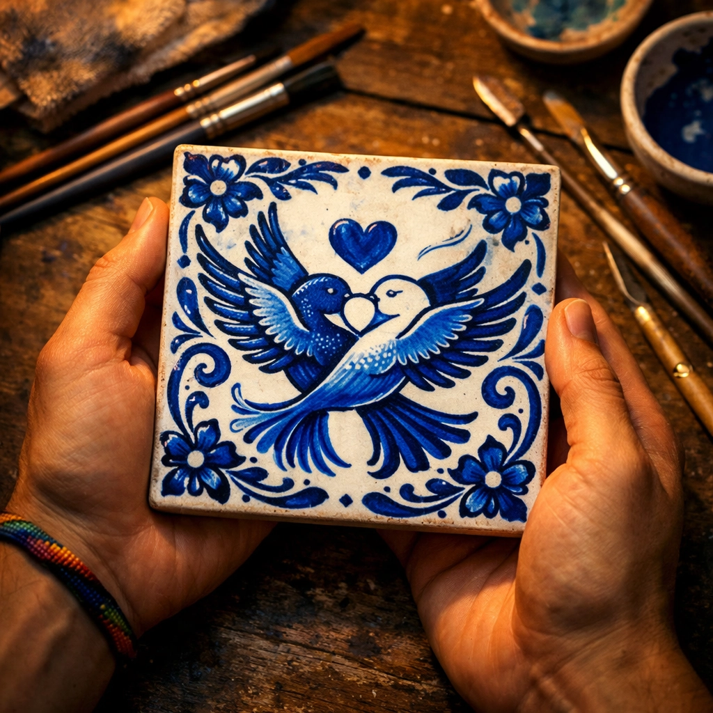 Hand-painted Talavera tile with two birds symbolizing LGBTQ love in Puebla