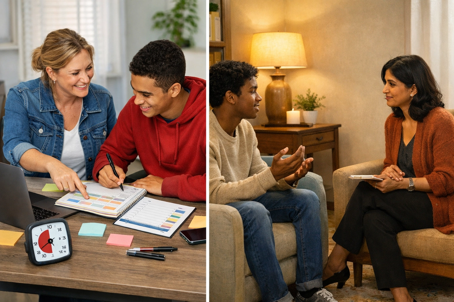 Split-scene showing ADHD coaching (planning tools, visual timer) on one side and therapy (calm talk-focused session) on the other, with inclusive diverse teen/young adult support.