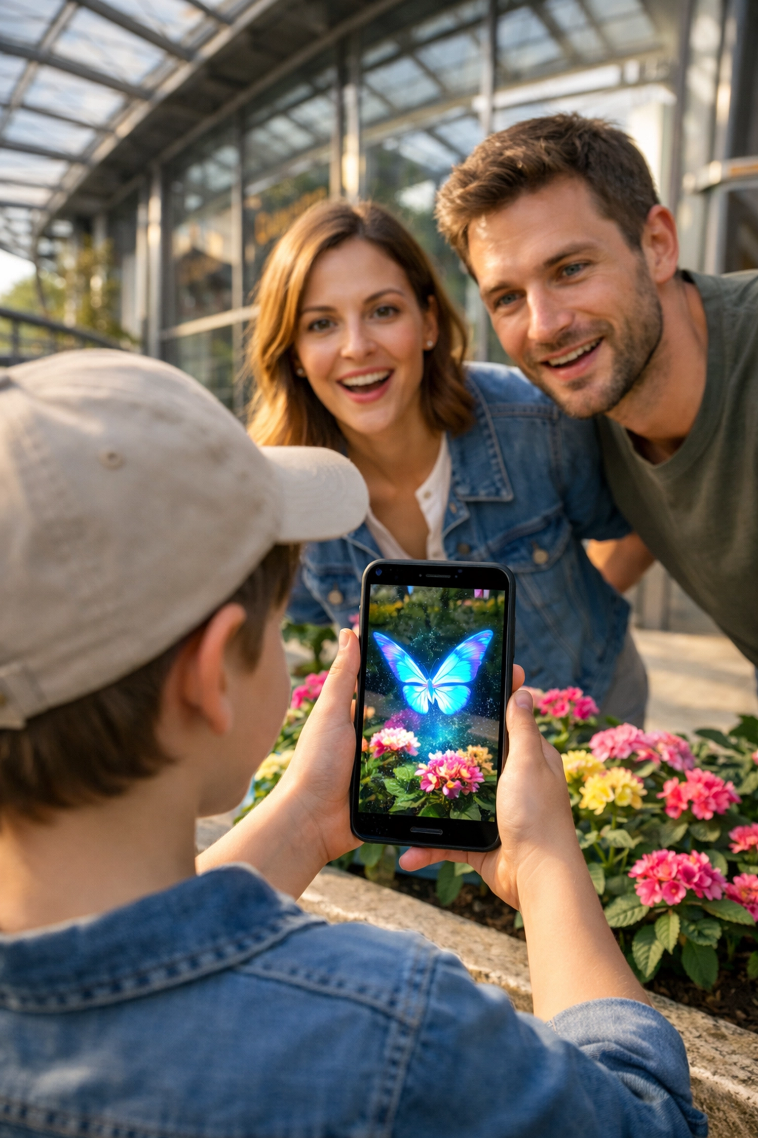 Family engaging with an augmented reality digital experience to gamify a zoo visitor journey.