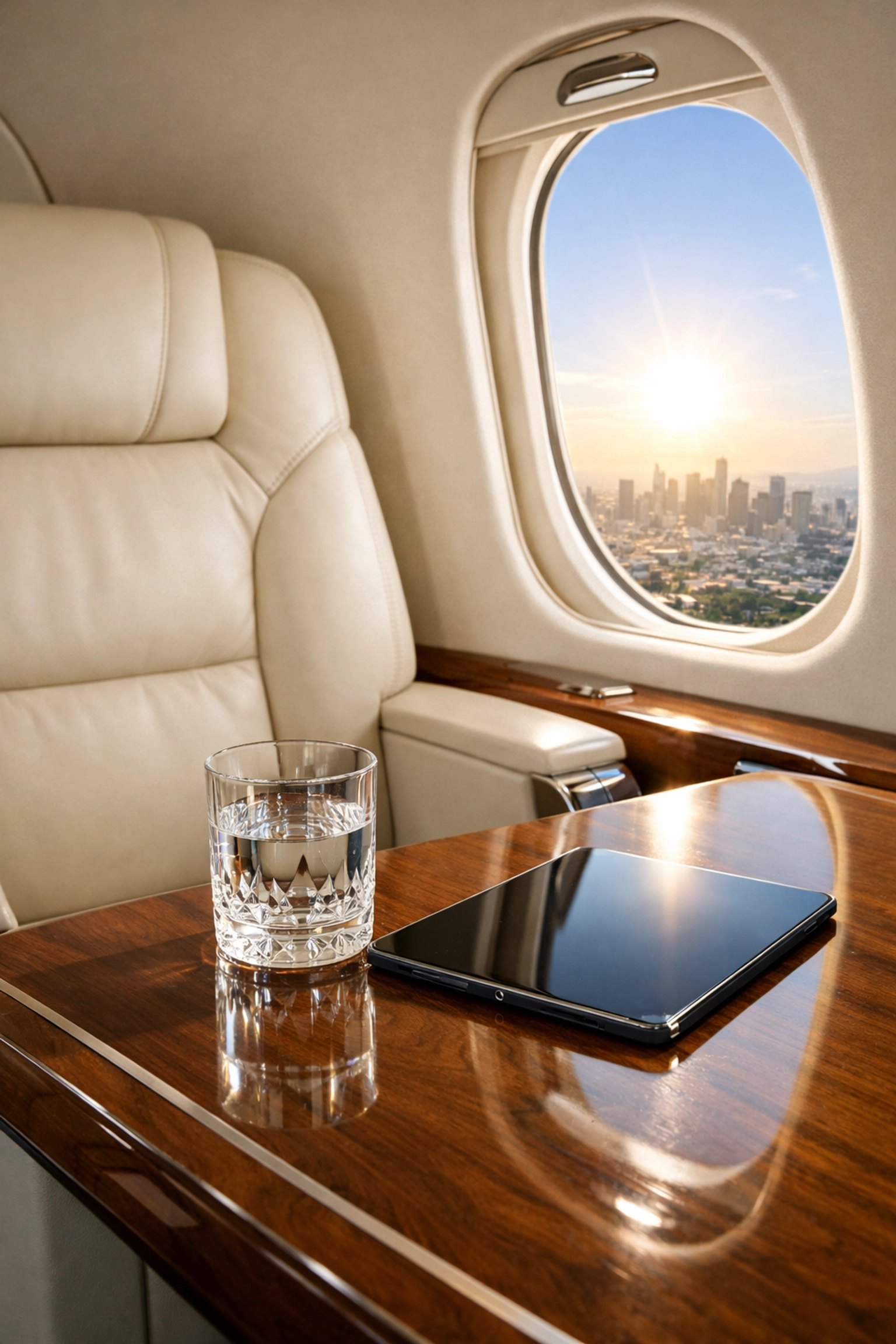 Luxury private jet interior representing high-level executive travel and VIP corporate logistics.