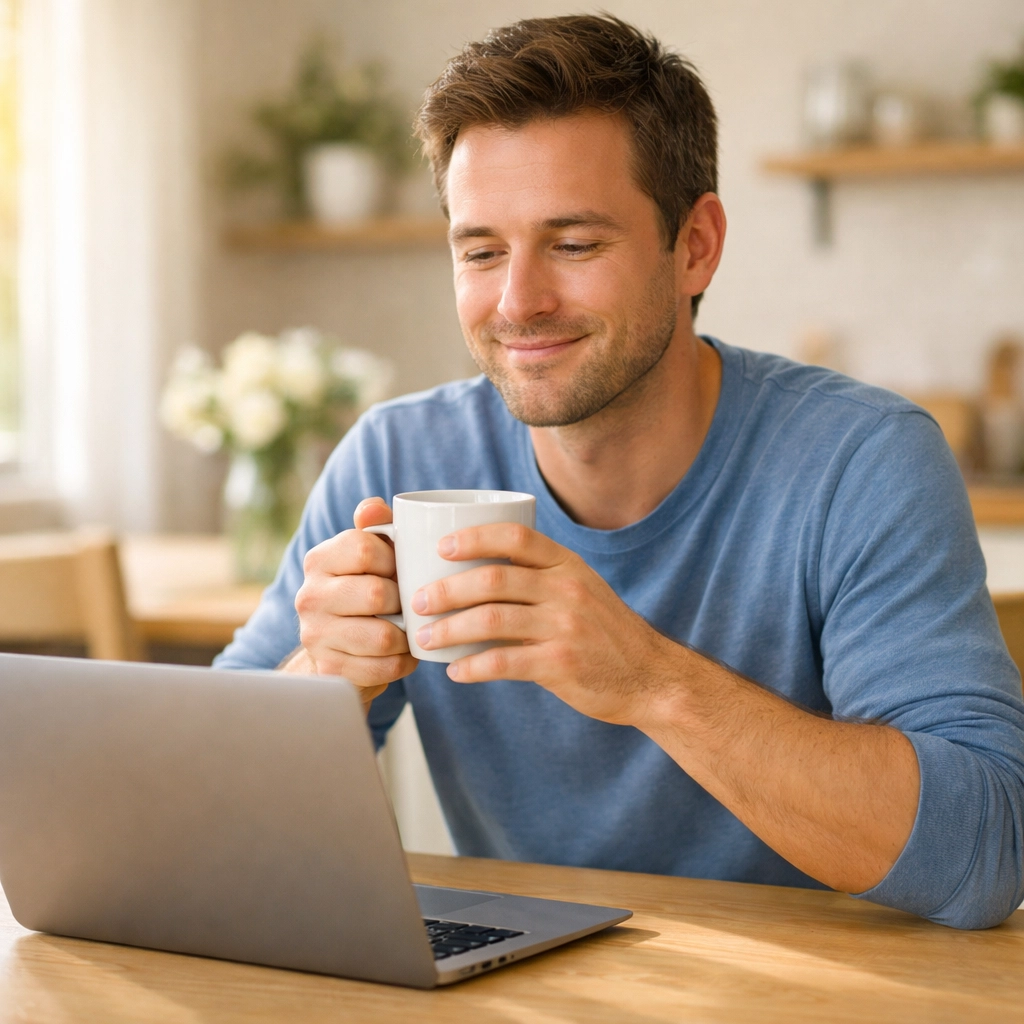 Man feeling relieved after applying for a payday loan no credit check Canada at home.