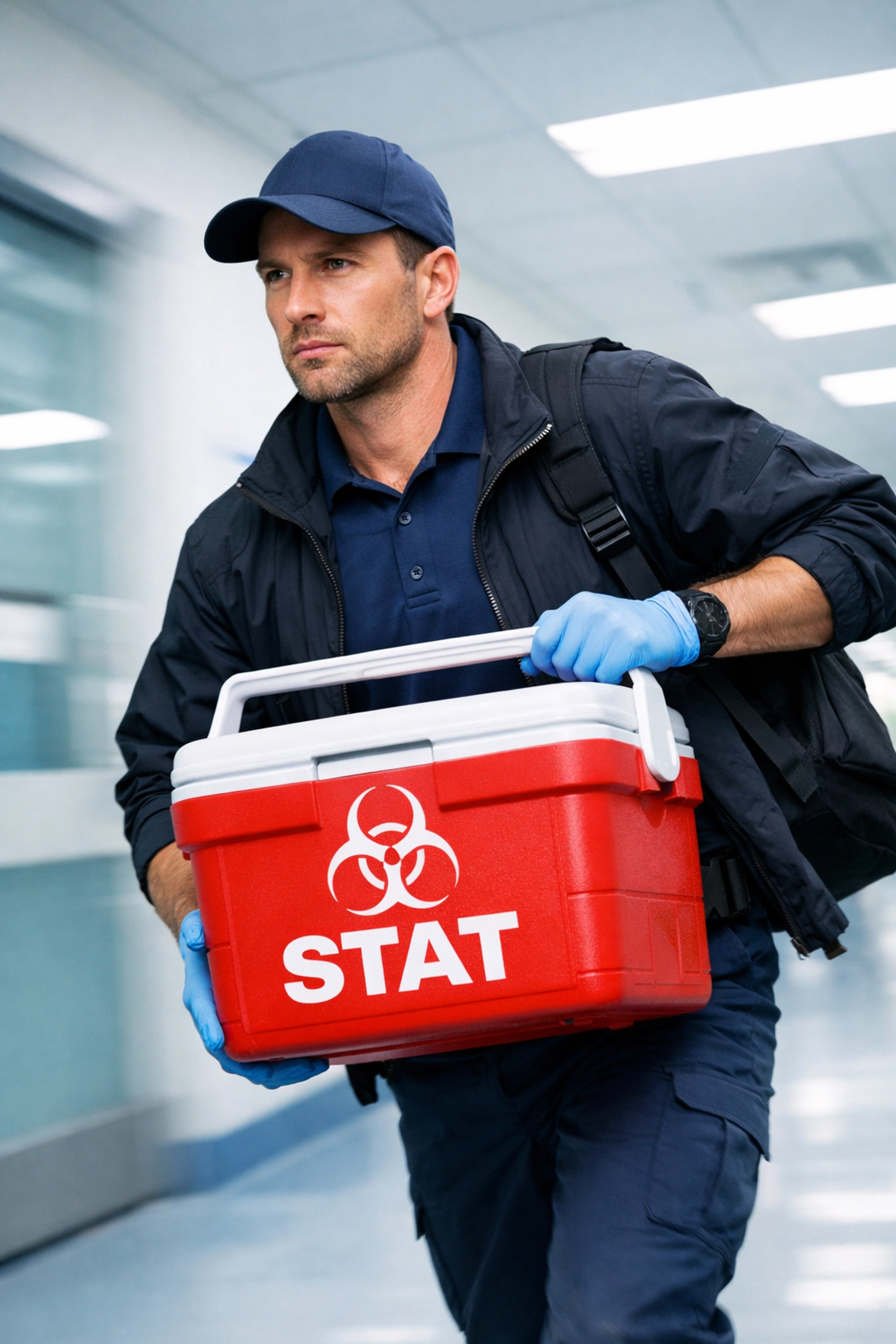 Medical courier delivering STAT emergency specimen transport through hospital corridor
