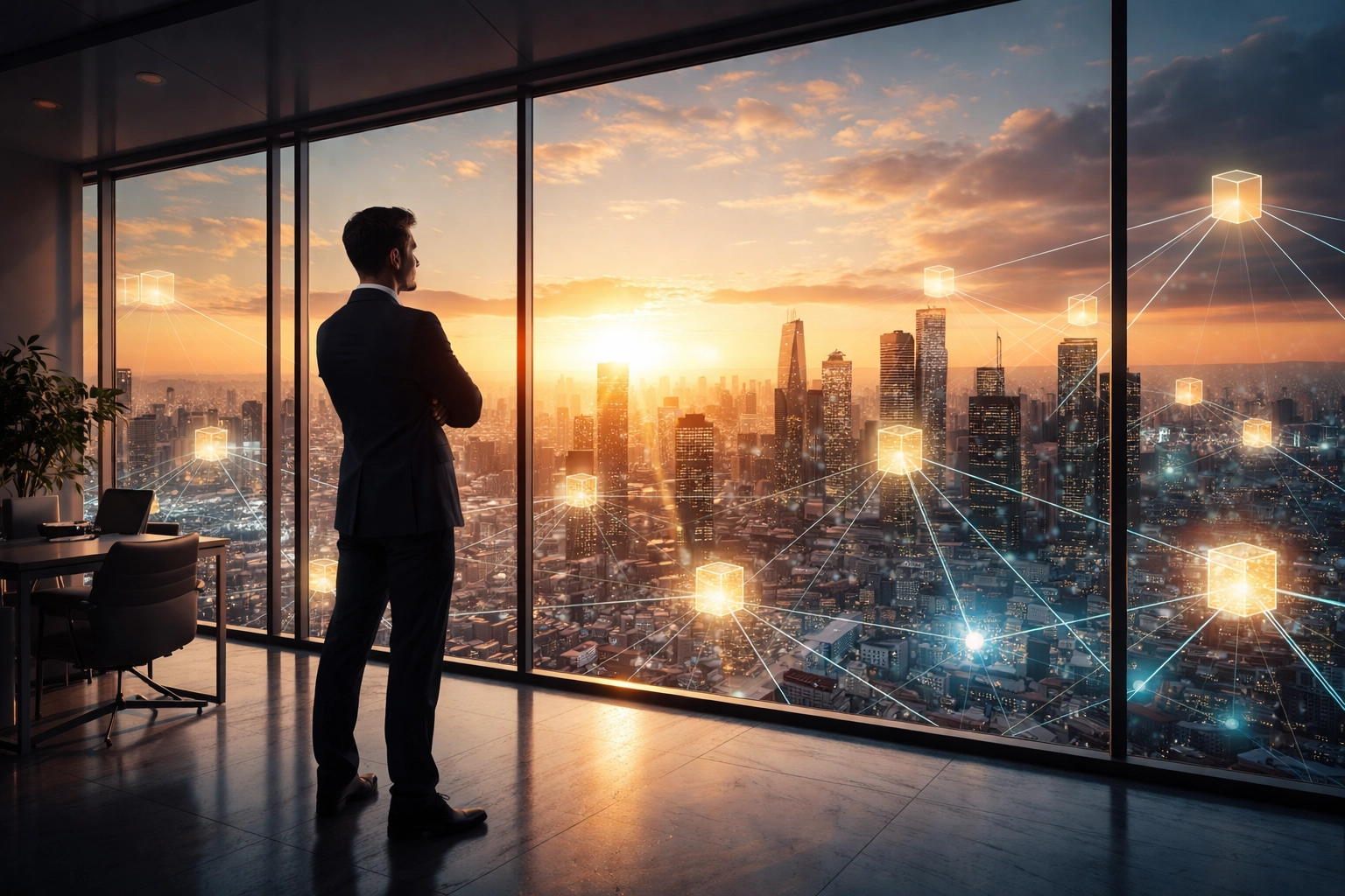 Entrepreneur overlooking a cityscape connected by blockchain, symbolizing financial freedom and bank-free Web3 payments.