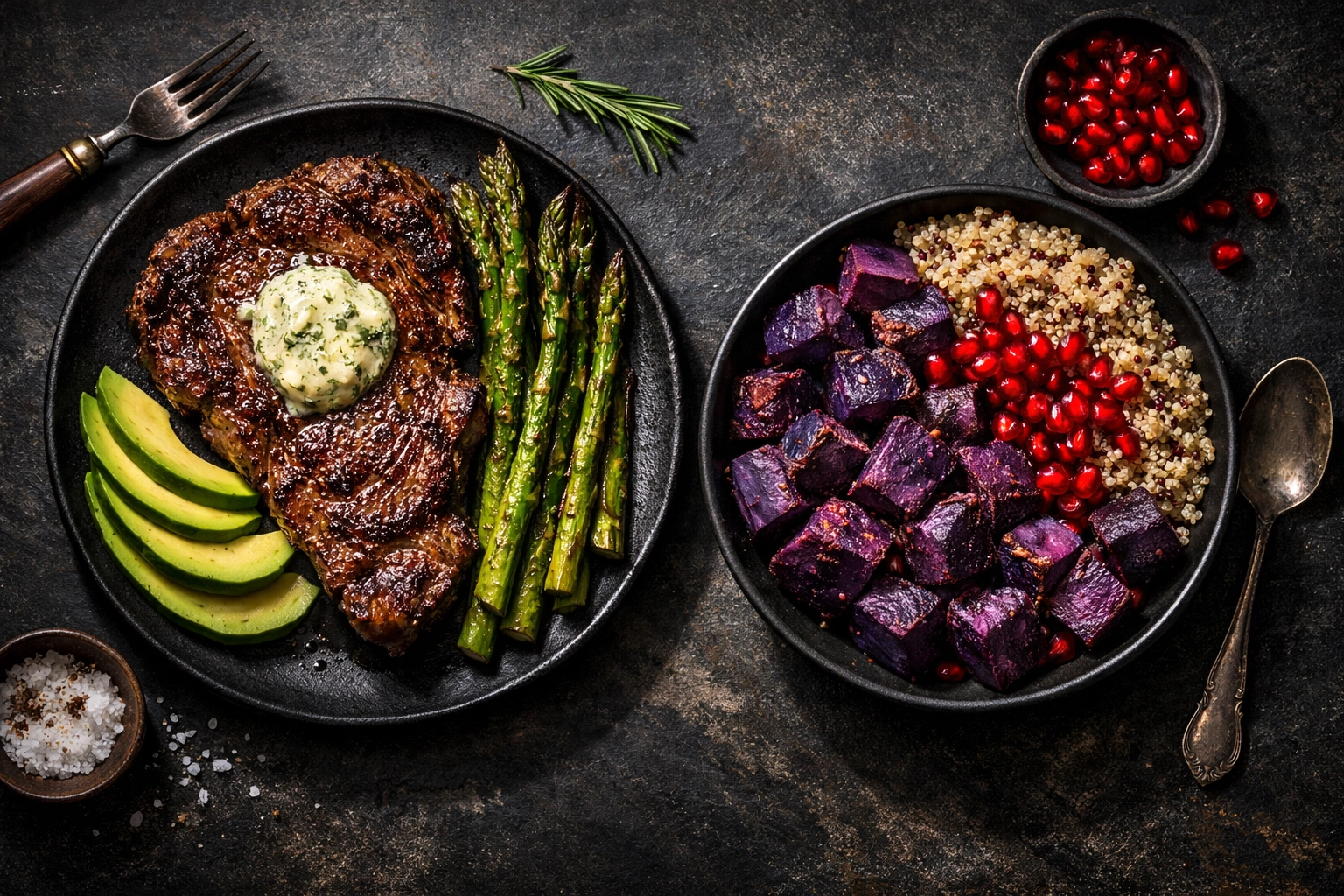 Side-by-side comparison of healthy fats and complex carbohydrates for carb cycling.