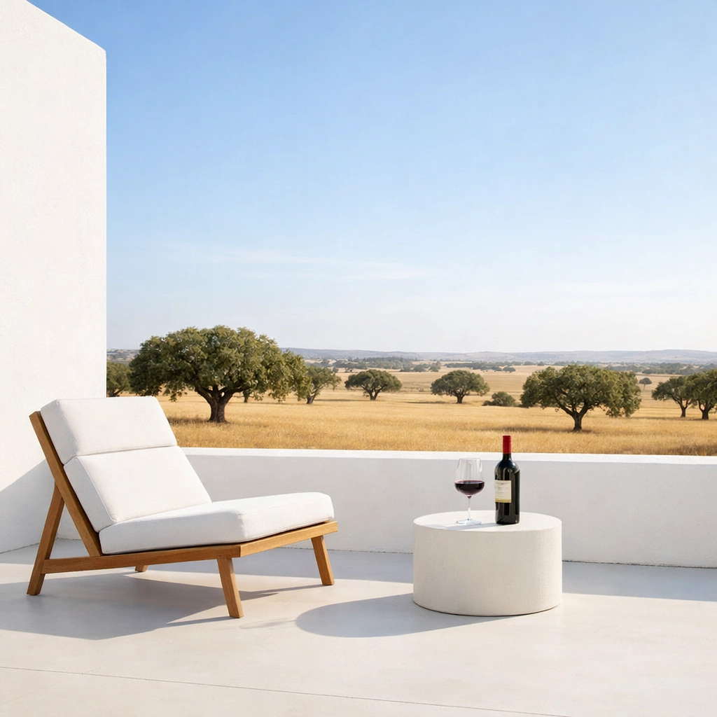 Luxury boutique estate patio in Alentejo, Portugal, overlooking autumn plains and cork oak trees.
