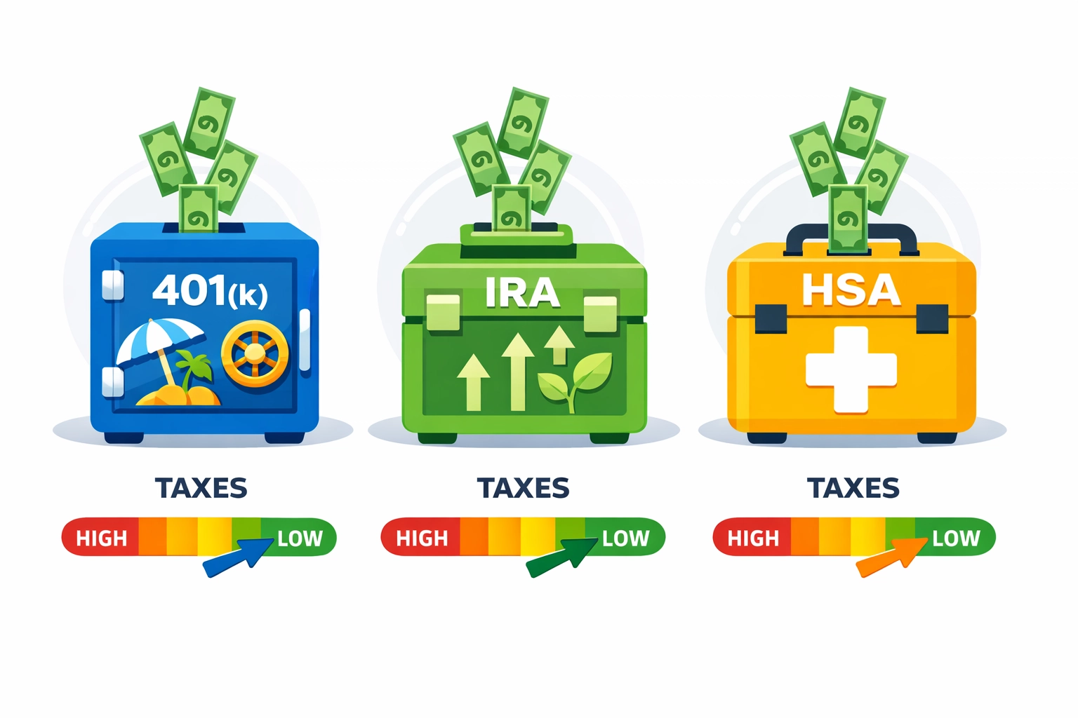 Tax-advantaged retirement accounts including 401k, IRA, and HSA to reduce taxable income