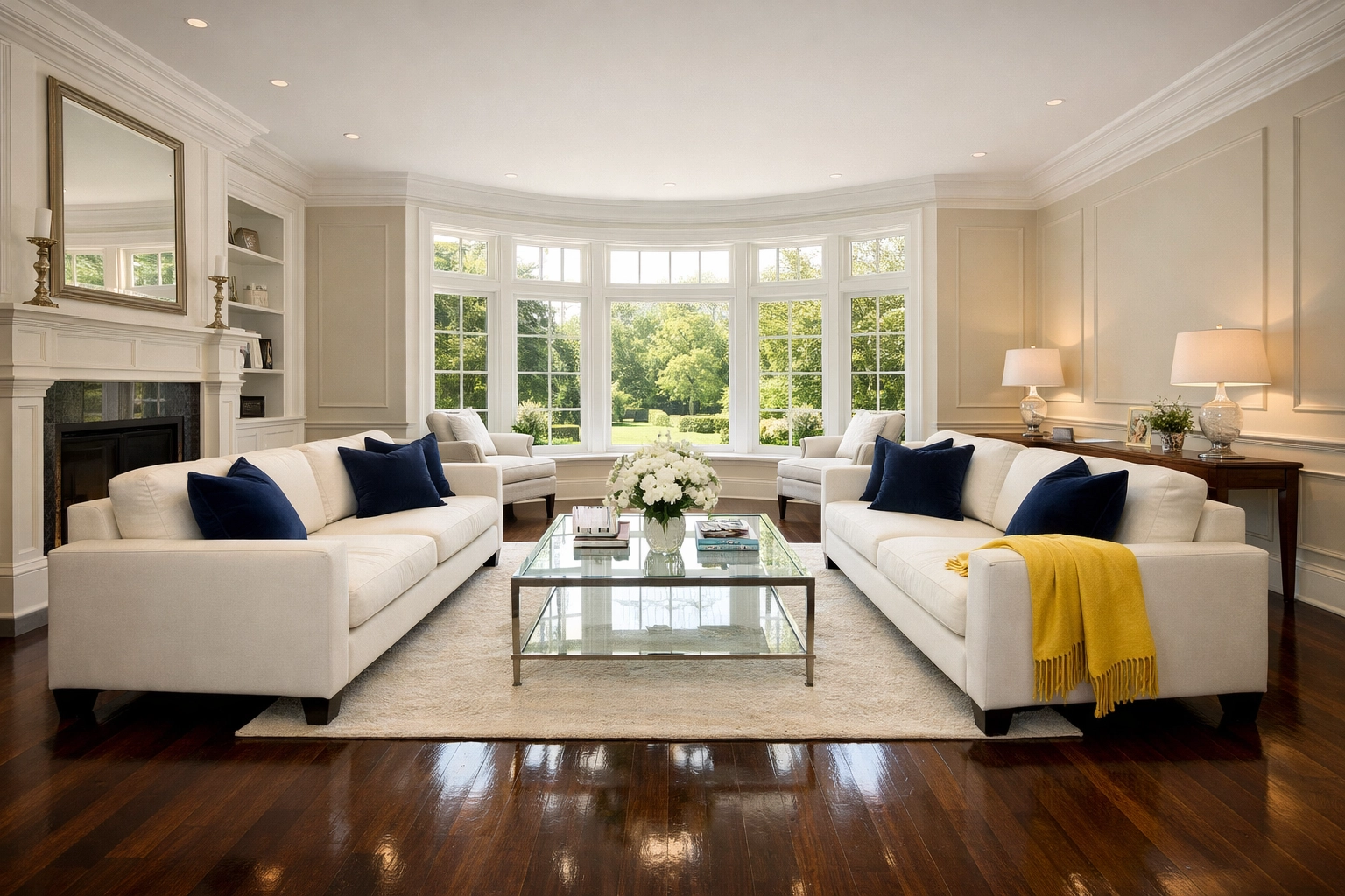 Pristine living room with polished hardwood floors after professional weekly house cleaning in Wellesley MA.