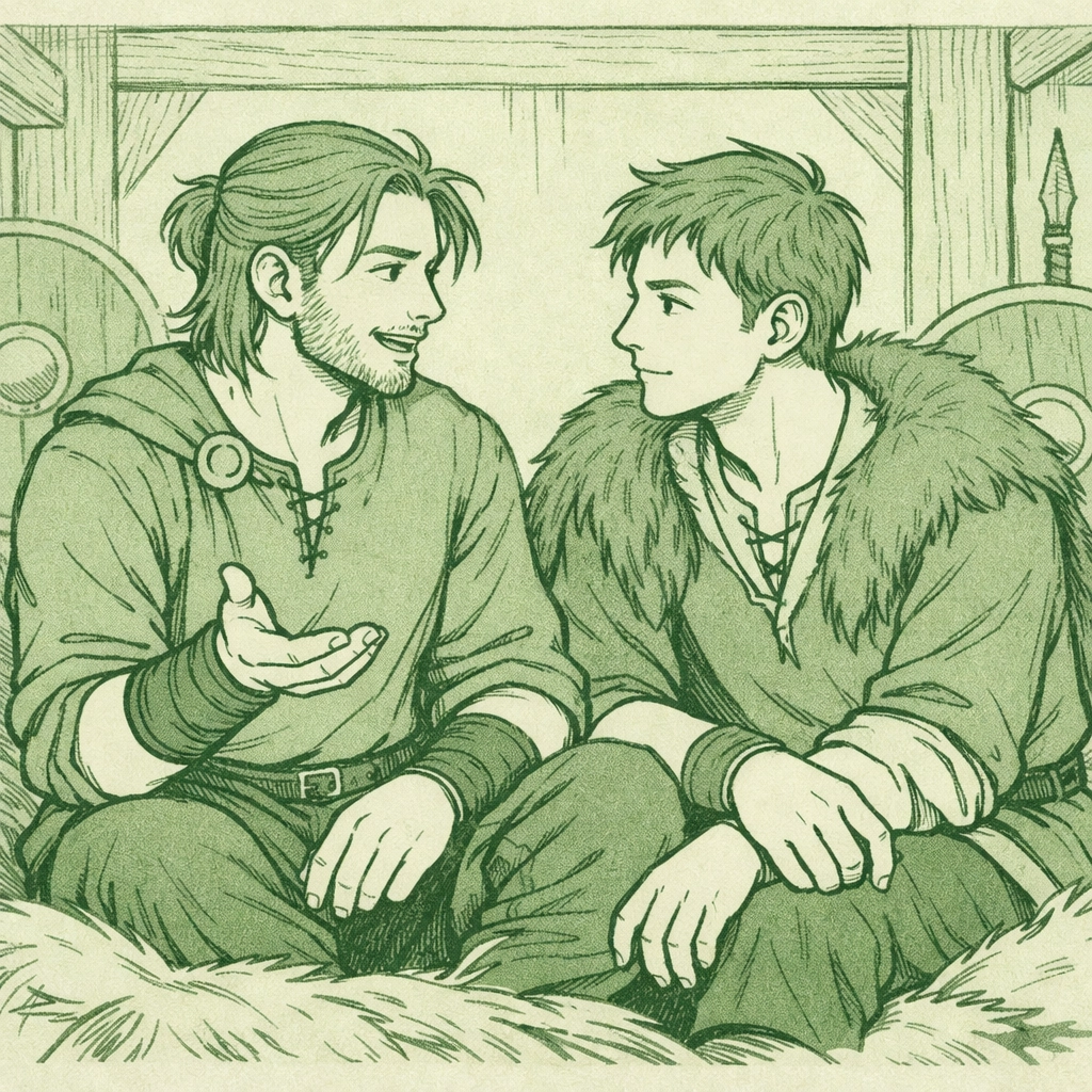 Viking step-brothers in deep conversation inside a traditional Norse longhouse - gay historical fiction