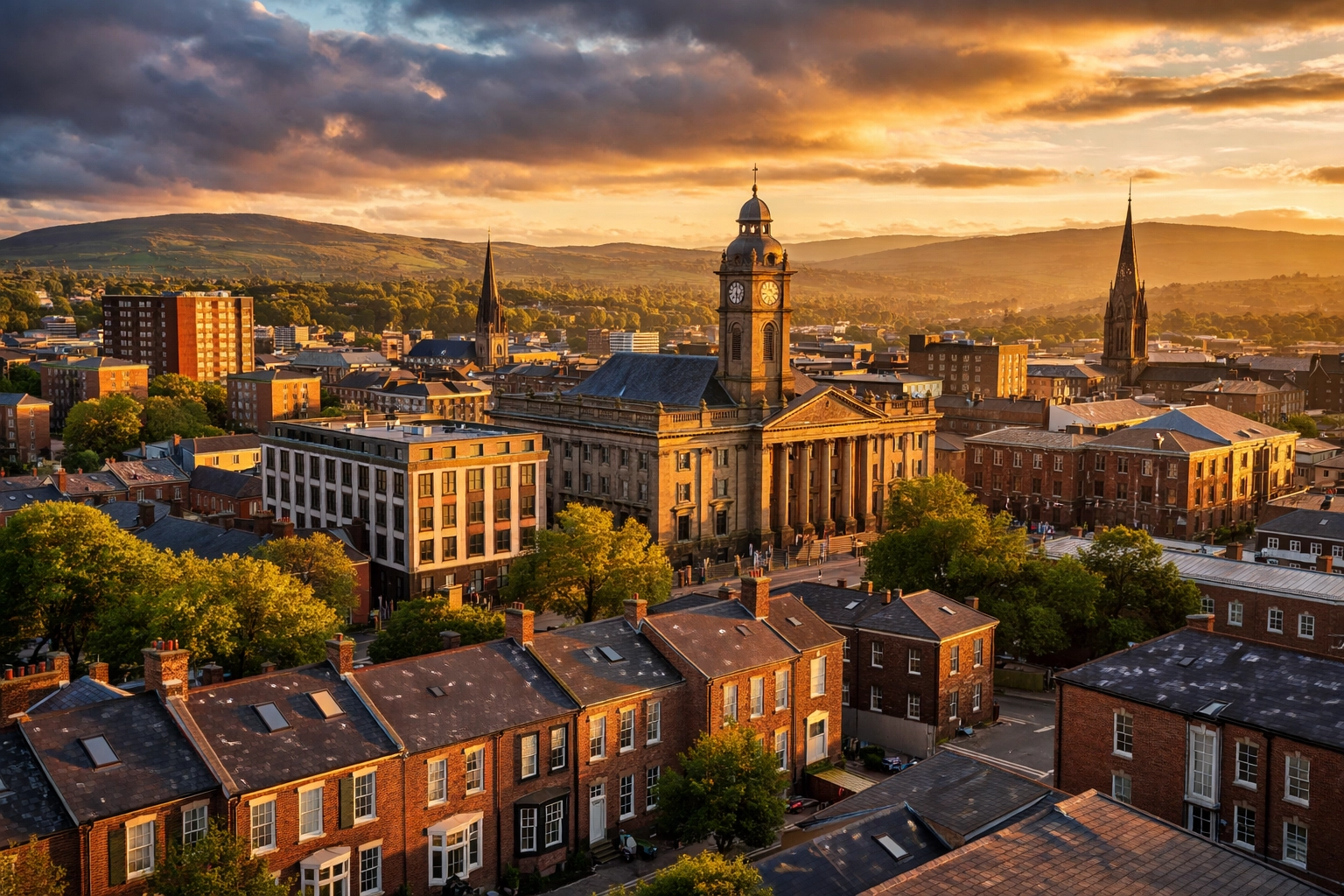 Oldham town centre skyline with landmarks and diverse housing at sunset, highlighting local property market