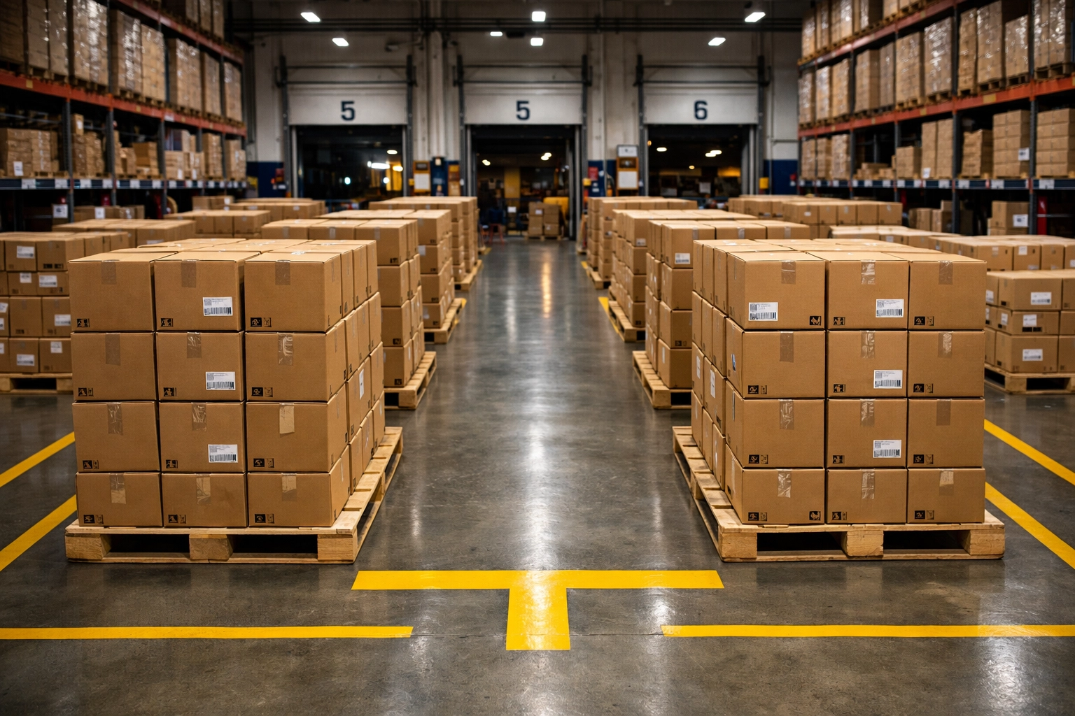 Pallets of boxed orders in a fulfillment center staging area ensuring zero-backlog for ecommerce brands.