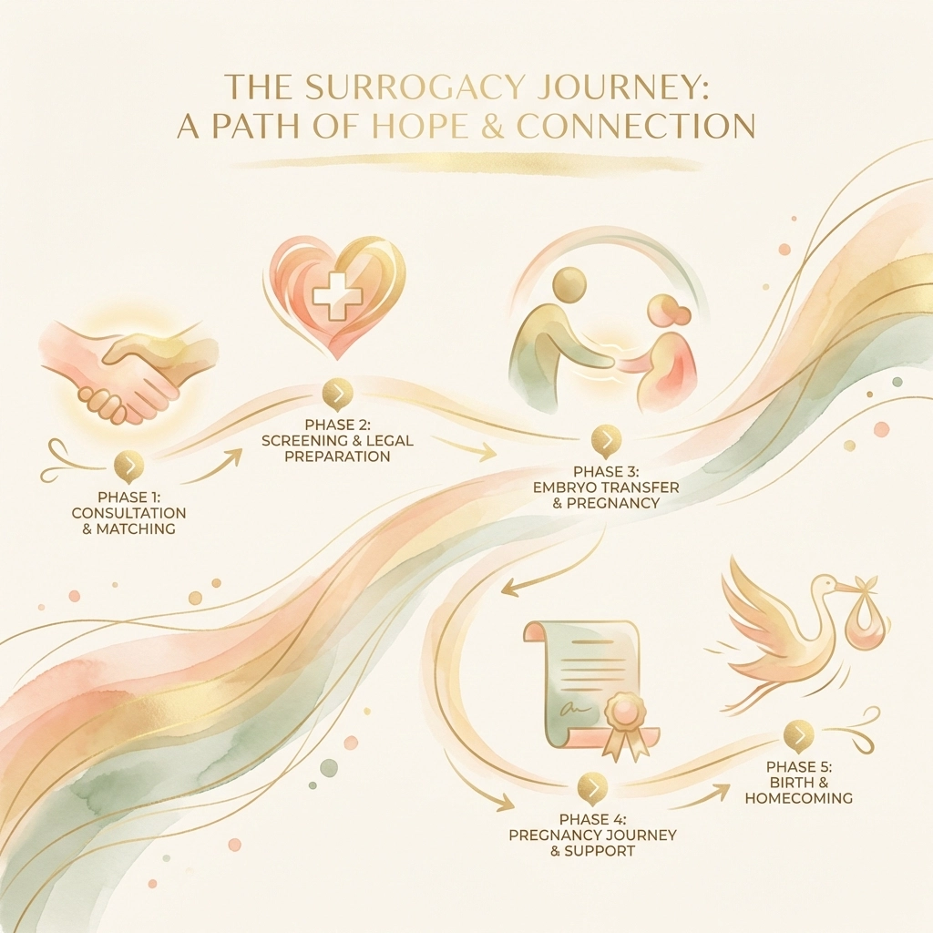 Illustrated timeline shows each phase of the New York surrogacy process for prospective surrogates.