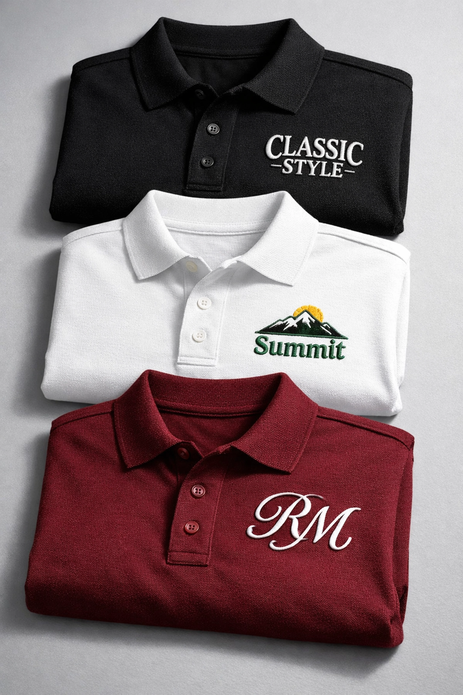 Three custom embroidered polo shirts showcasing professional logo embroidery Chicago IL