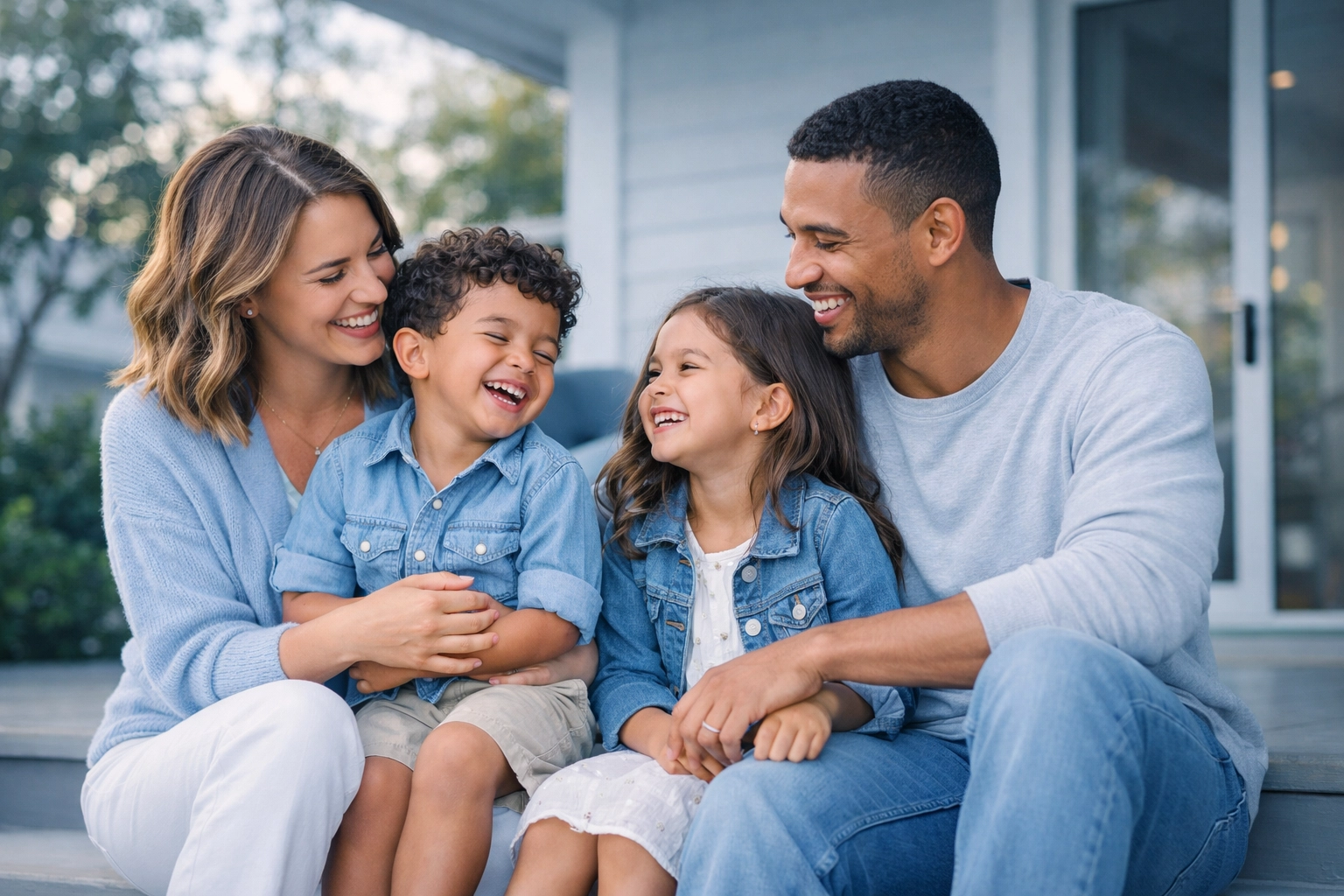 A happy California family on their porch, representing financial protection and term life insurance peace of mind.