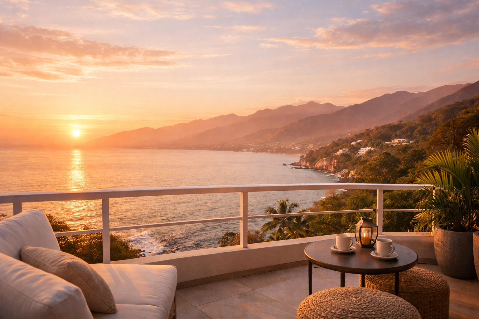 Sunrise view from Conchas Chinas condo balcony overlooking Sierra Madre mountains and Pacific Ocean