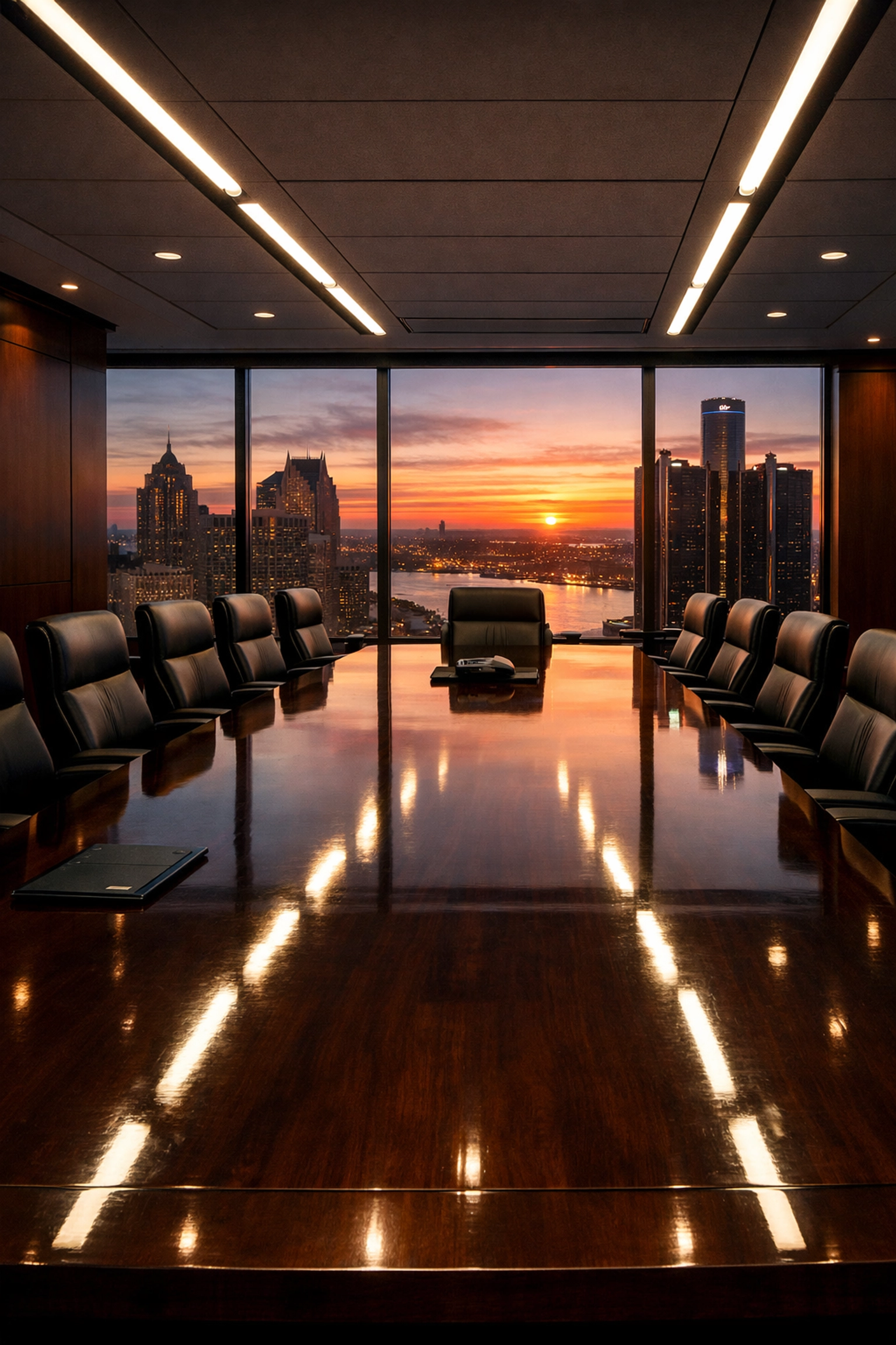 Polished Detroit office conference room showing the results of a reliable recurring cleaning schedule.