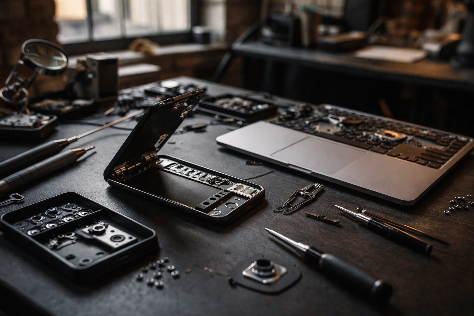 iPhone and MacBook being repaired on a dark workbench, emphasizing sustainable tech repair in Brooklyn