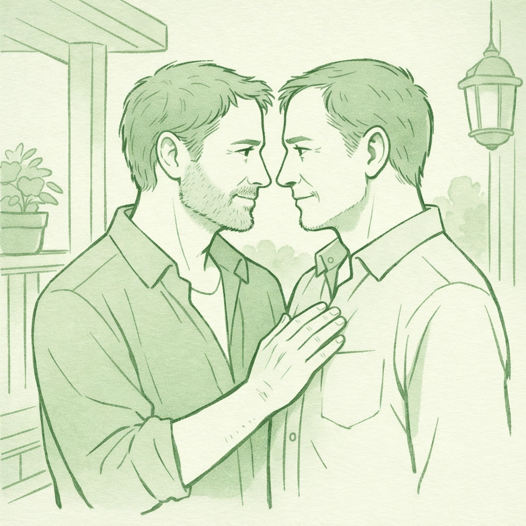 Two middle-aged men embracing their true identity in a quiet moment of self-acceptance and discovery.