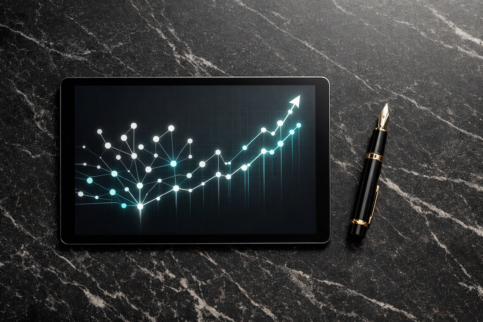 Data visualization on a tablet showing a strategic growth roadmap for mid-market B2B businesses.