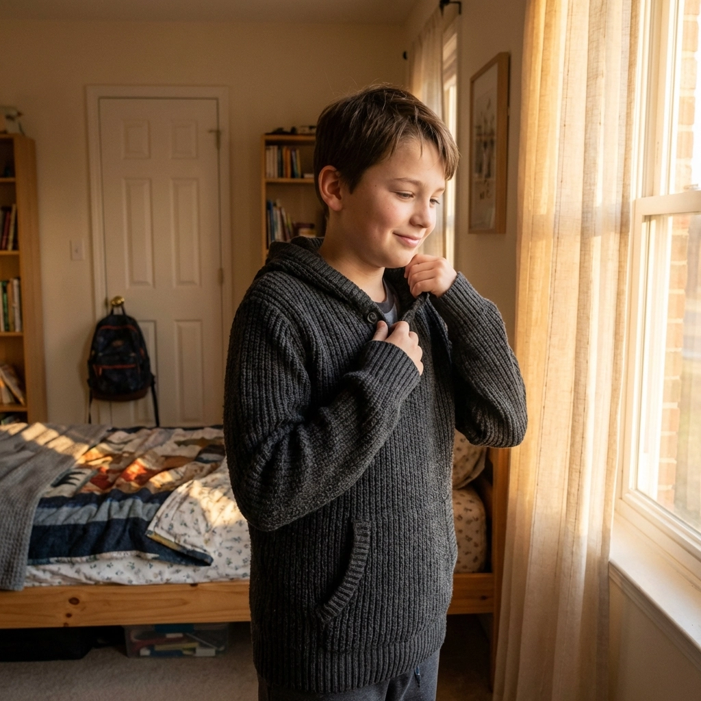 Child putting on weighted hoodie during calm morning routine for proactive sensory support