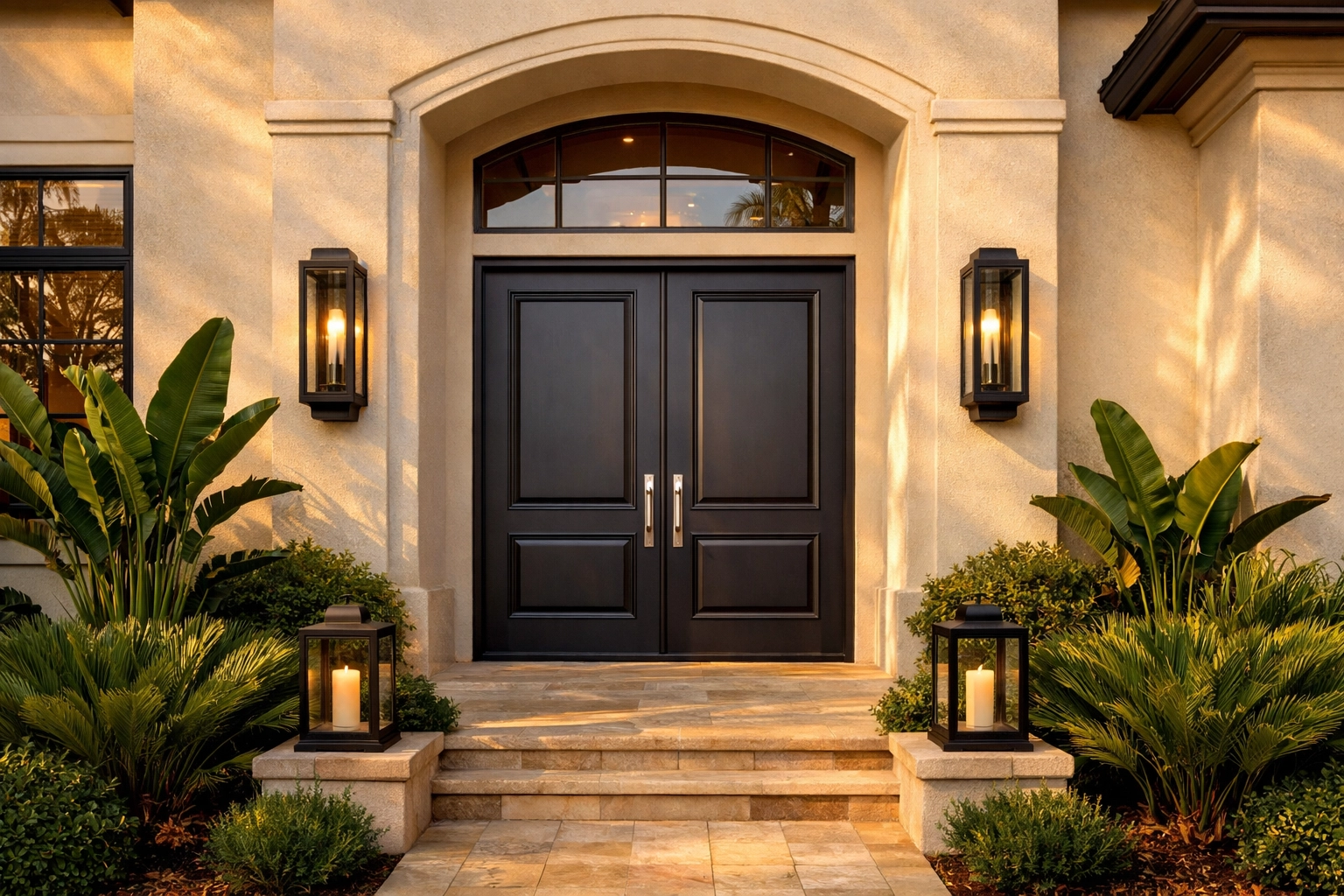 Modern Orlando home exterior featuring a dark espresso front door and warm white stucco for enhanced curb appeal.
