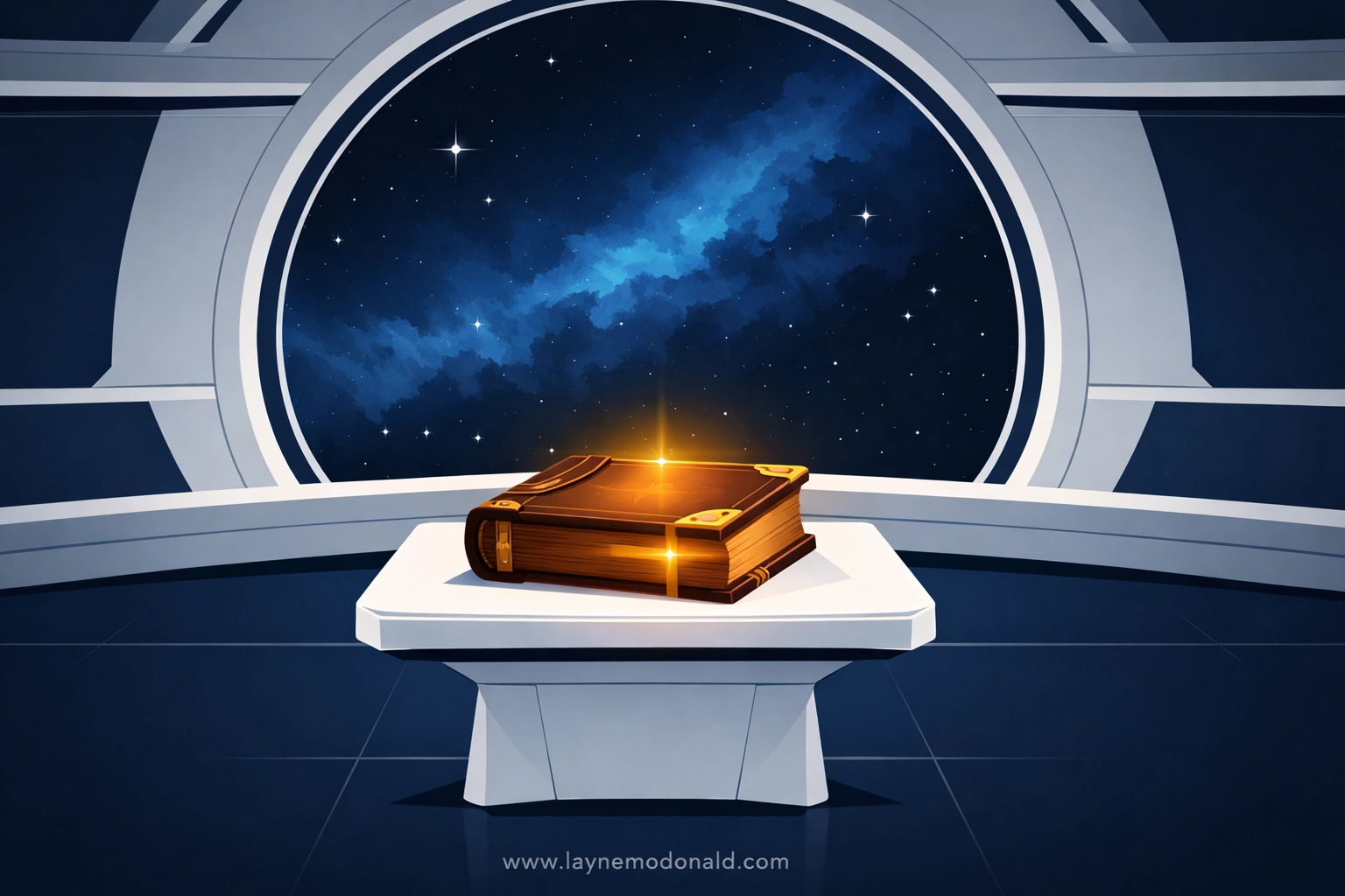 Minimalist illustration of a Bible on a futuristic starship pedestal representing faith-based science fiction story ideas.