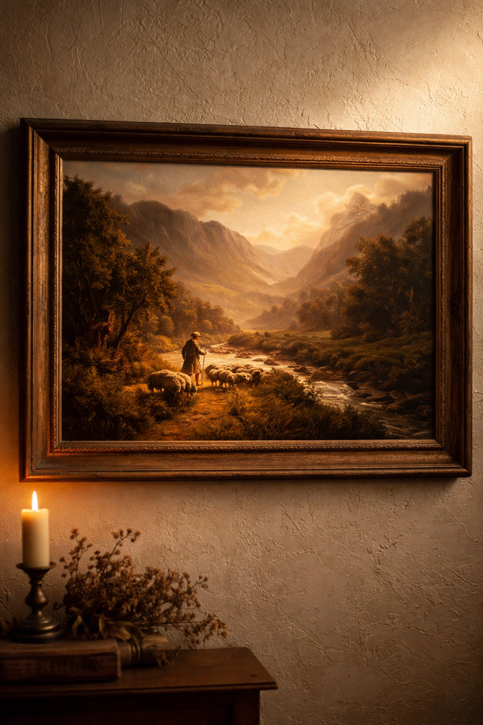 Ornate Psalm 23 artwork of shepherd and sheep framed on a wall, ideal visual focus for a prayer space