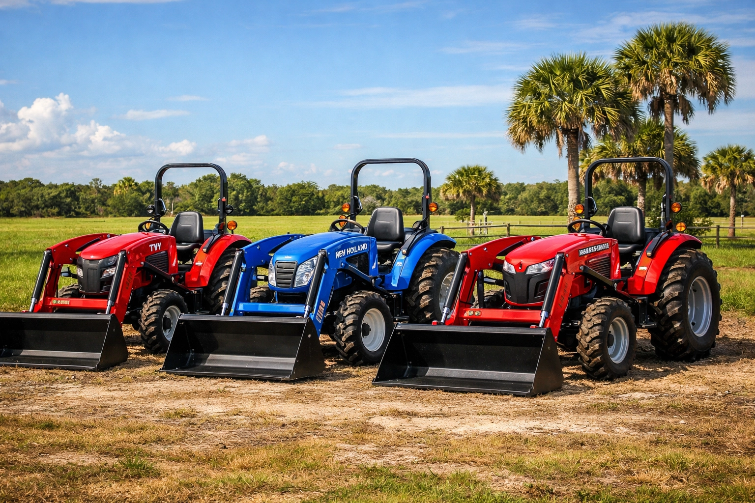 TYM, New Holland, and Massey Ferguson compact tractors with front loaders for Florida farms
