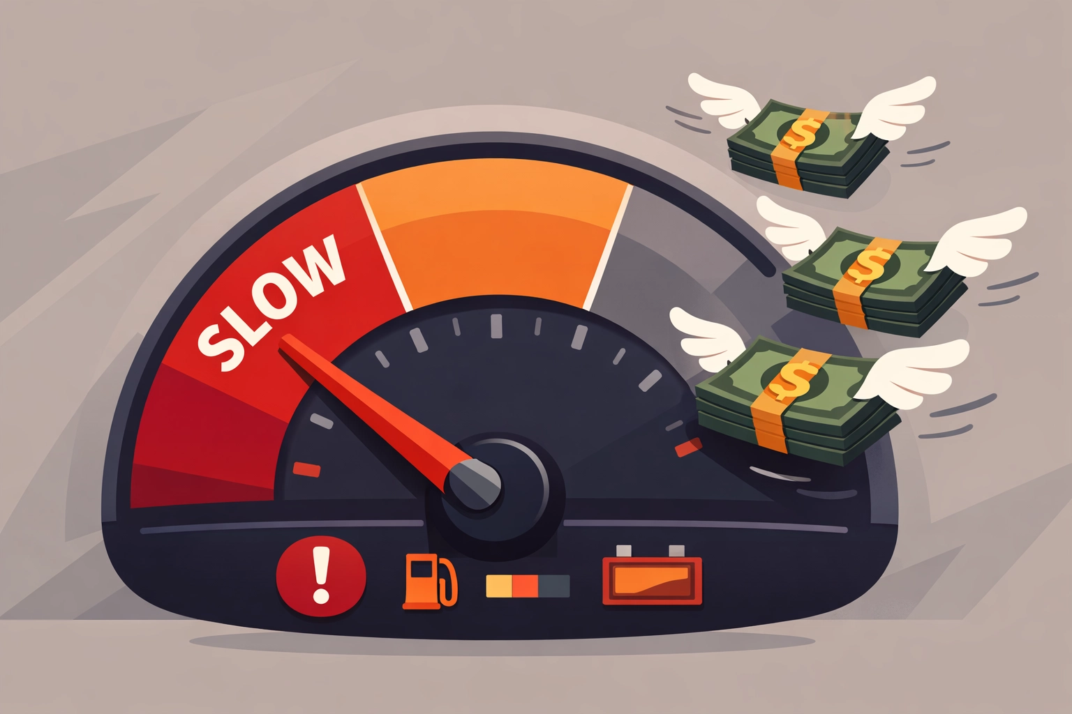 Website speed gauge showing revenue loss from slow loading times on cheap hosting
