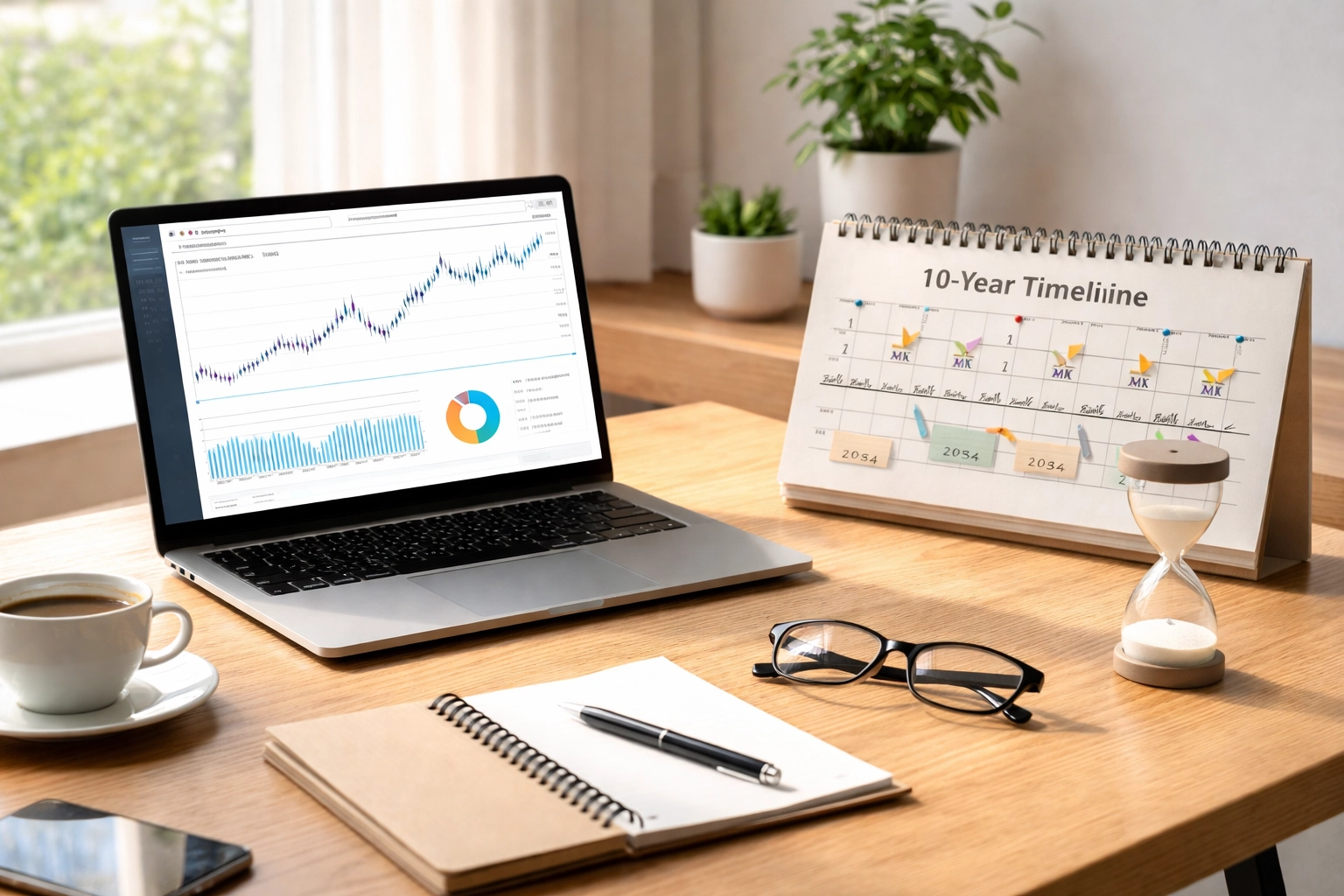 Modern home office workspace with financial charts, a 10-year calendar and hourglass, illustrating inherited IRA deadline tracking