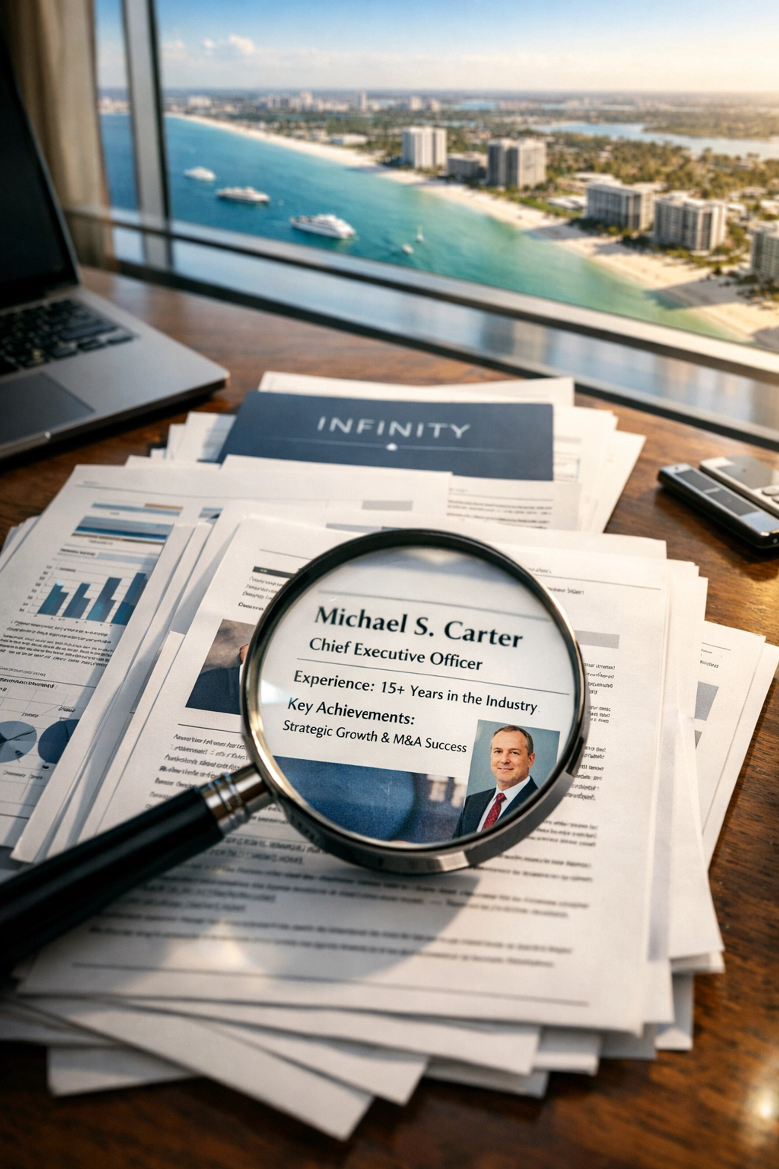 Vetting business buyer profiles with a magnifying glass in a Florida broker's office.