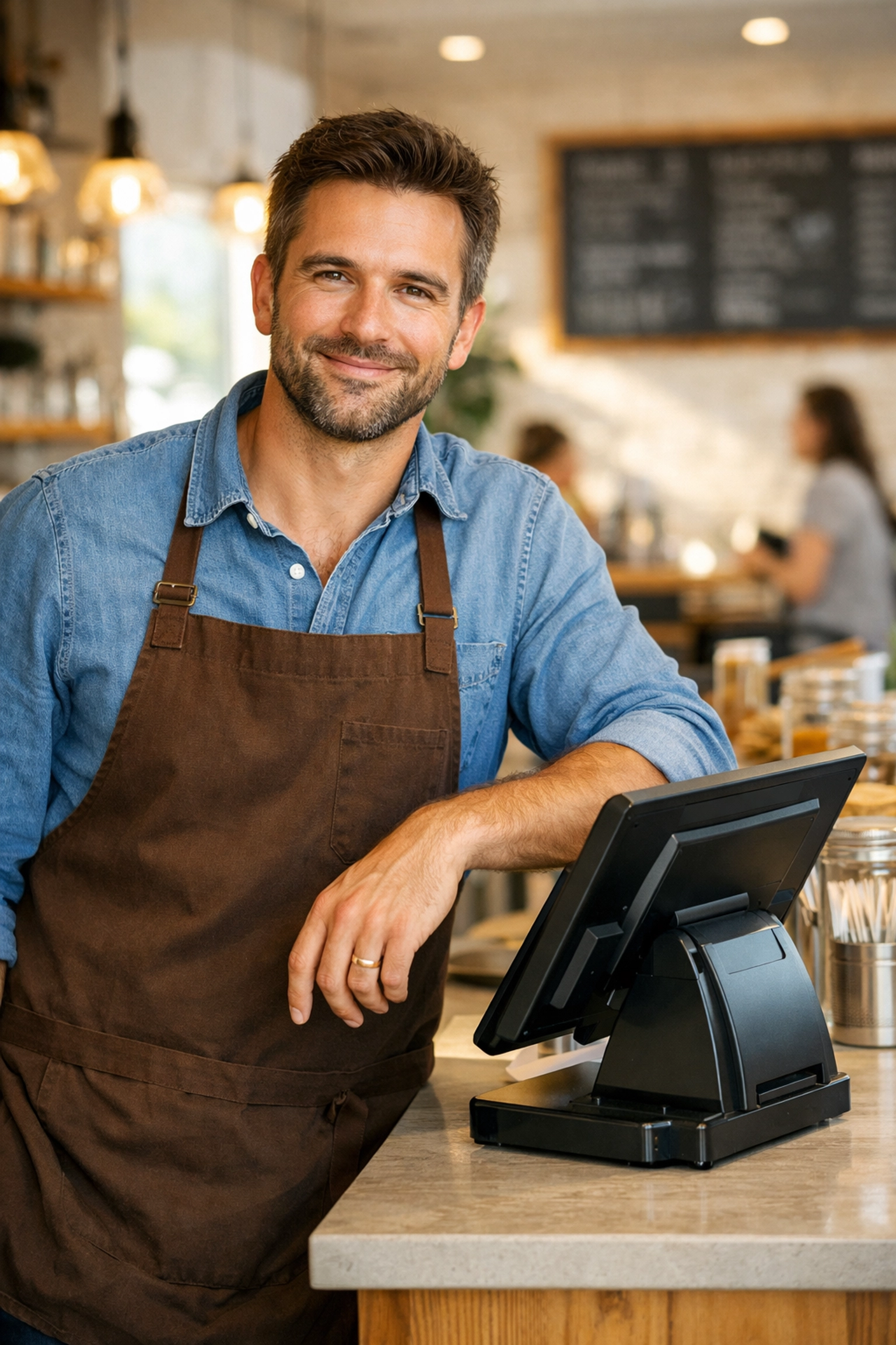 Successful UK business owner using the best pos system for his modern cafe.