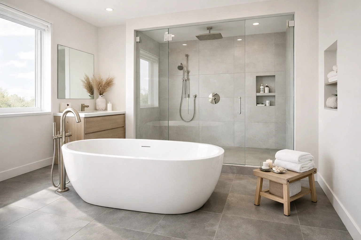 Modern bathroom remodeling in Orlando featuring a luxury freestanding tub and professional tile craftsmanship.