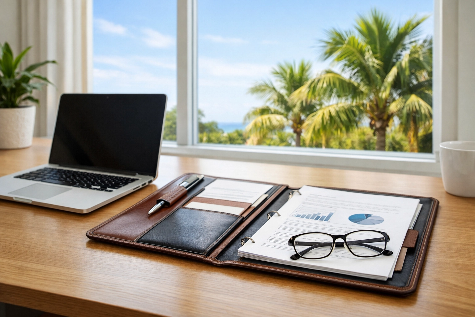 Organized desk with insurance documents and Florida scenery, representing a property policy review.