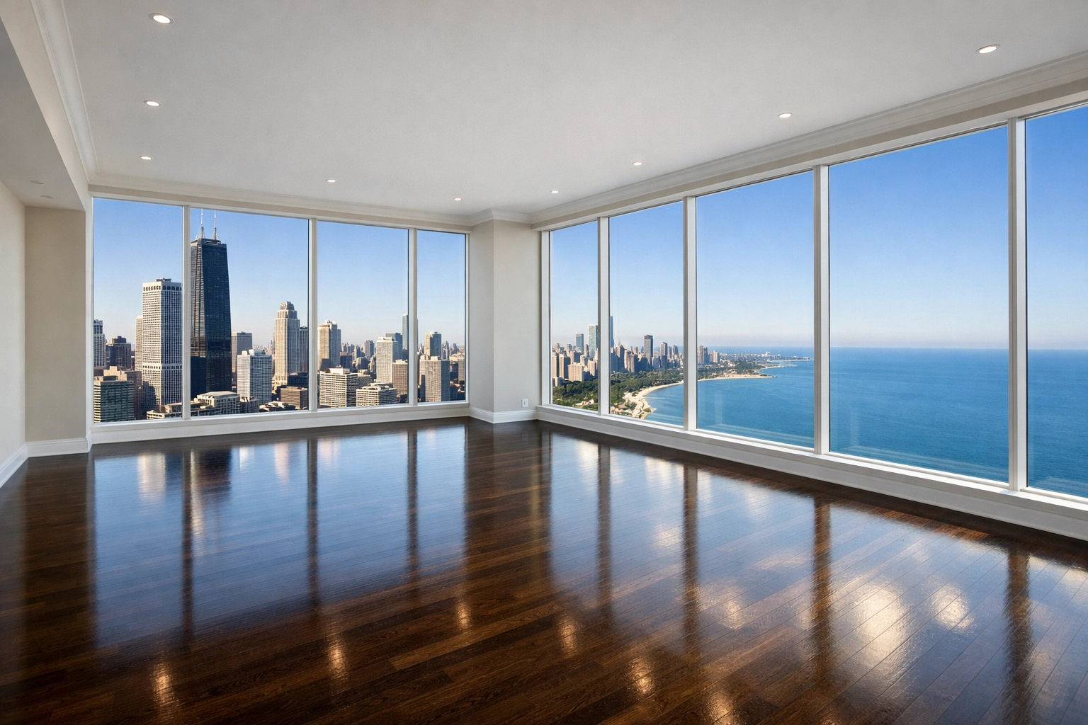 Pristine vacant luxury apartment in Chicago ready for move-in with polished hardwood floors.