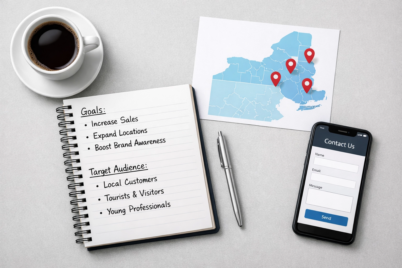 Business planning notebook with North East map and contact strategy for local web design