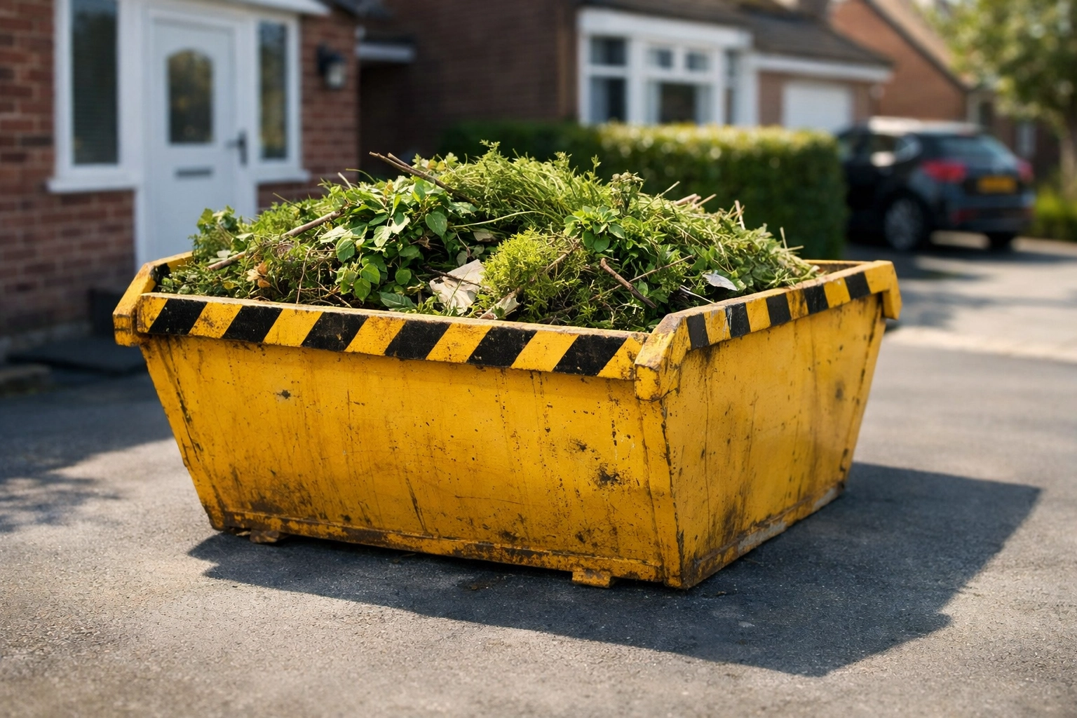 2-ton skip on residential driveway filled with garden waste in Liverpool