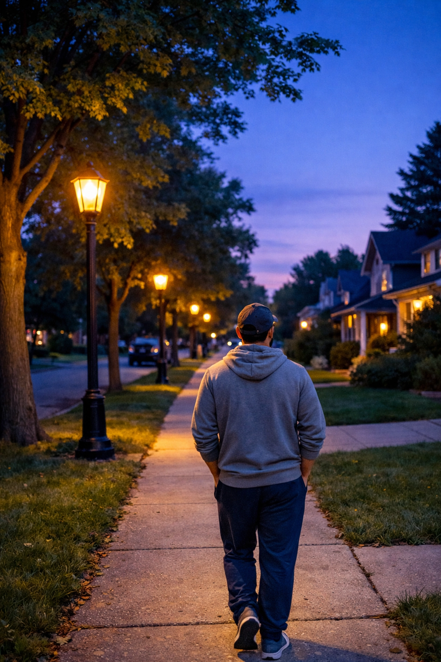 Person walking peacefully at sunset transitioning from work stress to restful evening routine